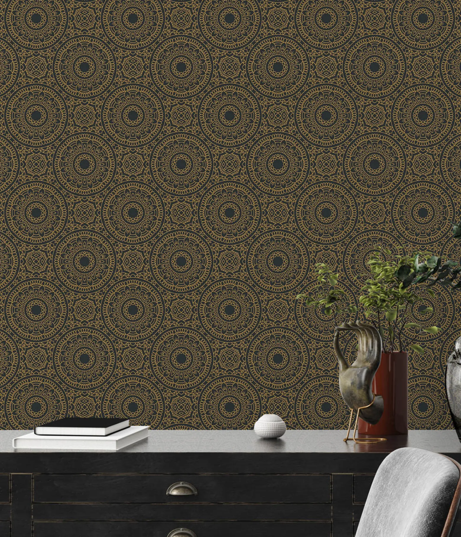 Vliestapete Floral Mandala Schwarz Gold Metallic 38968-2