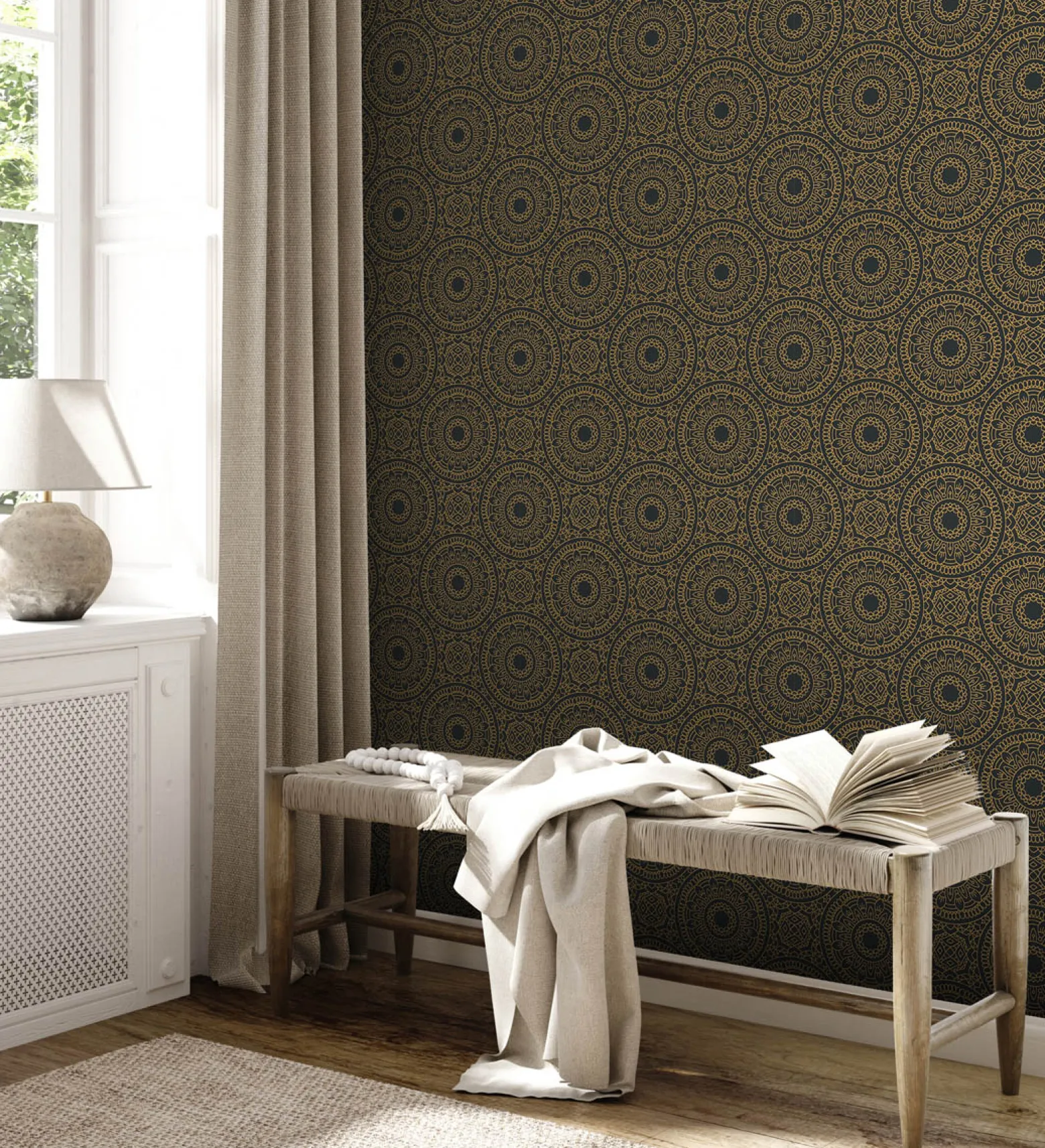 Vliestapete Floral Mandala Schwarz Gold Metallic 38968-2