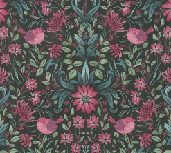 Vliestapete Floral Ornamente Schwarz Rosa Grün 39075-1