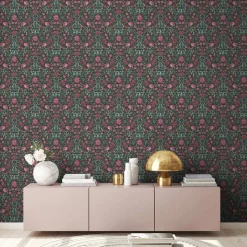Vliestapete Floral Ornamente Schwarz Rosa Grün 39075-1