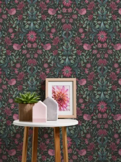 Vliestapete Floral Ornamente Schwarz Rosa Grün 39075-1
