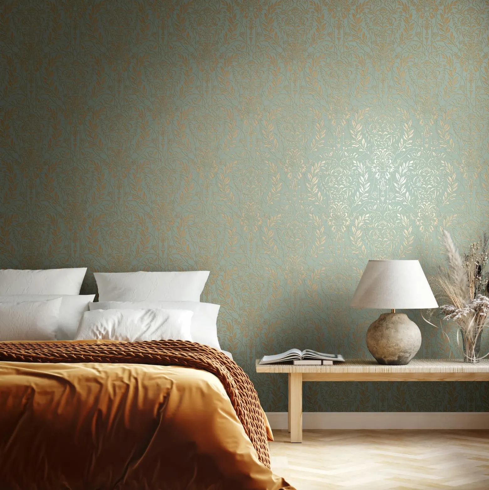 Vliestapete Floral Ornamente Grün Gold Metallic 82510