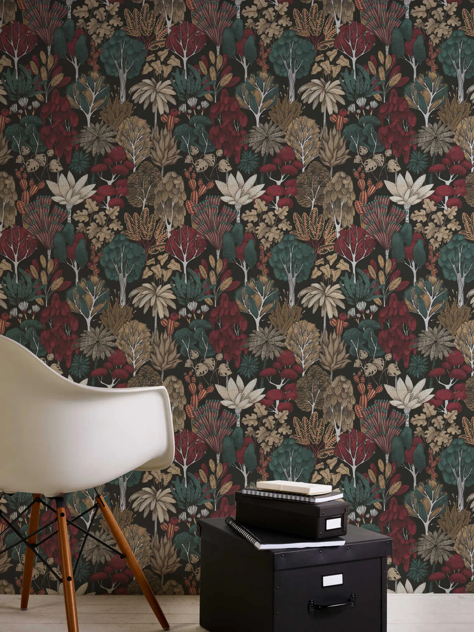 Vliestapete Floral Palmen schwarz grün rot 37757-6