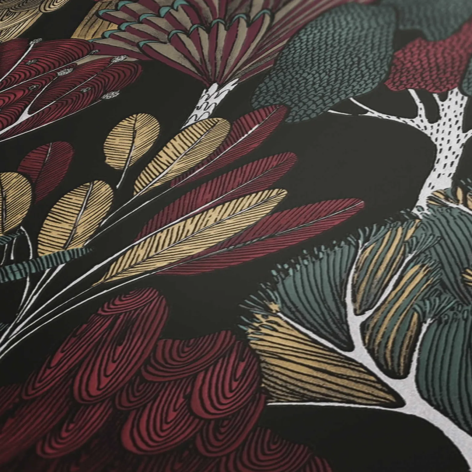 Vliestapete Floral Palmen schwarz grün rot 37757-6