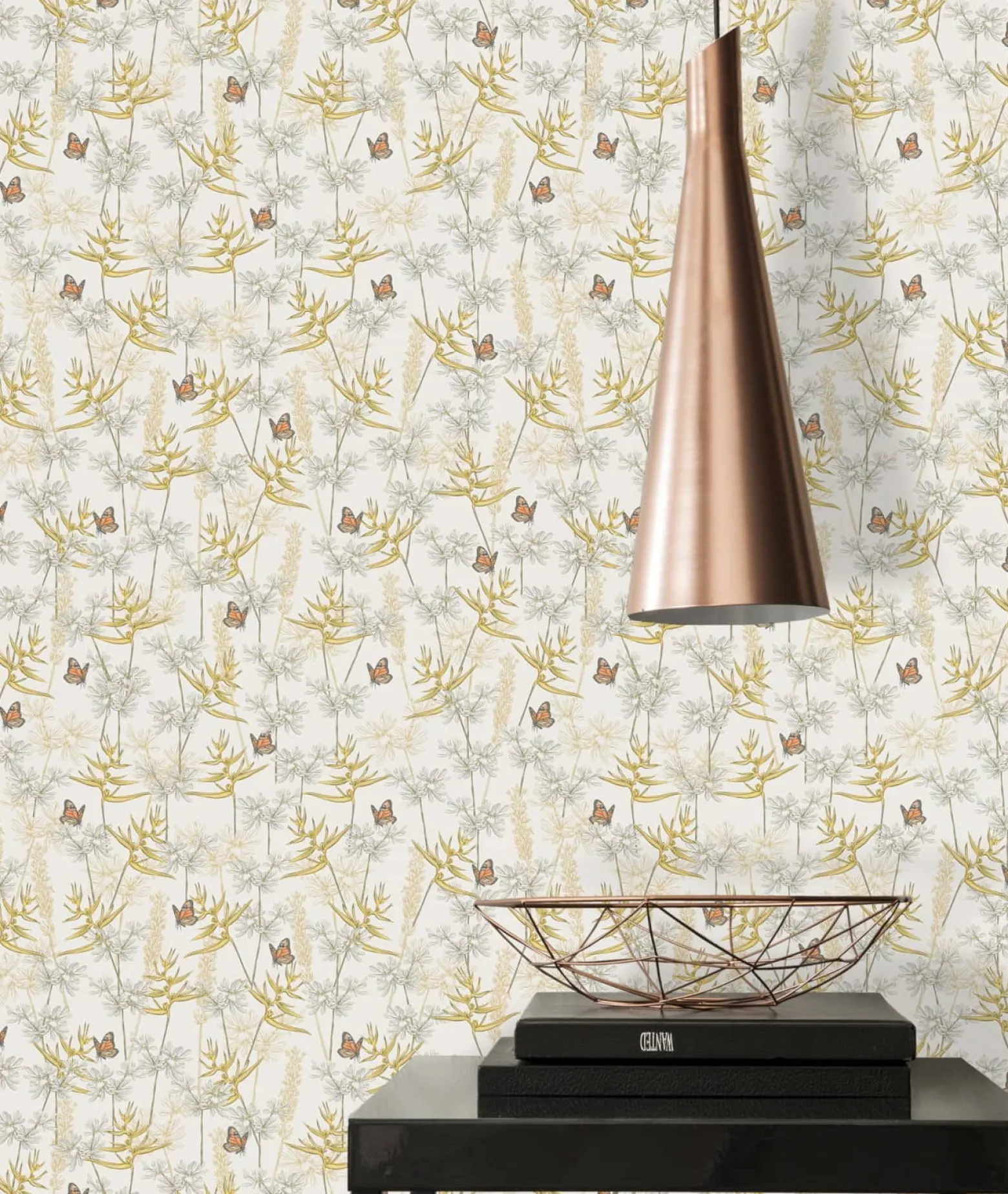 Vliestapete Floral Schmetterlinge Weiß Gelb Grau 39423-1