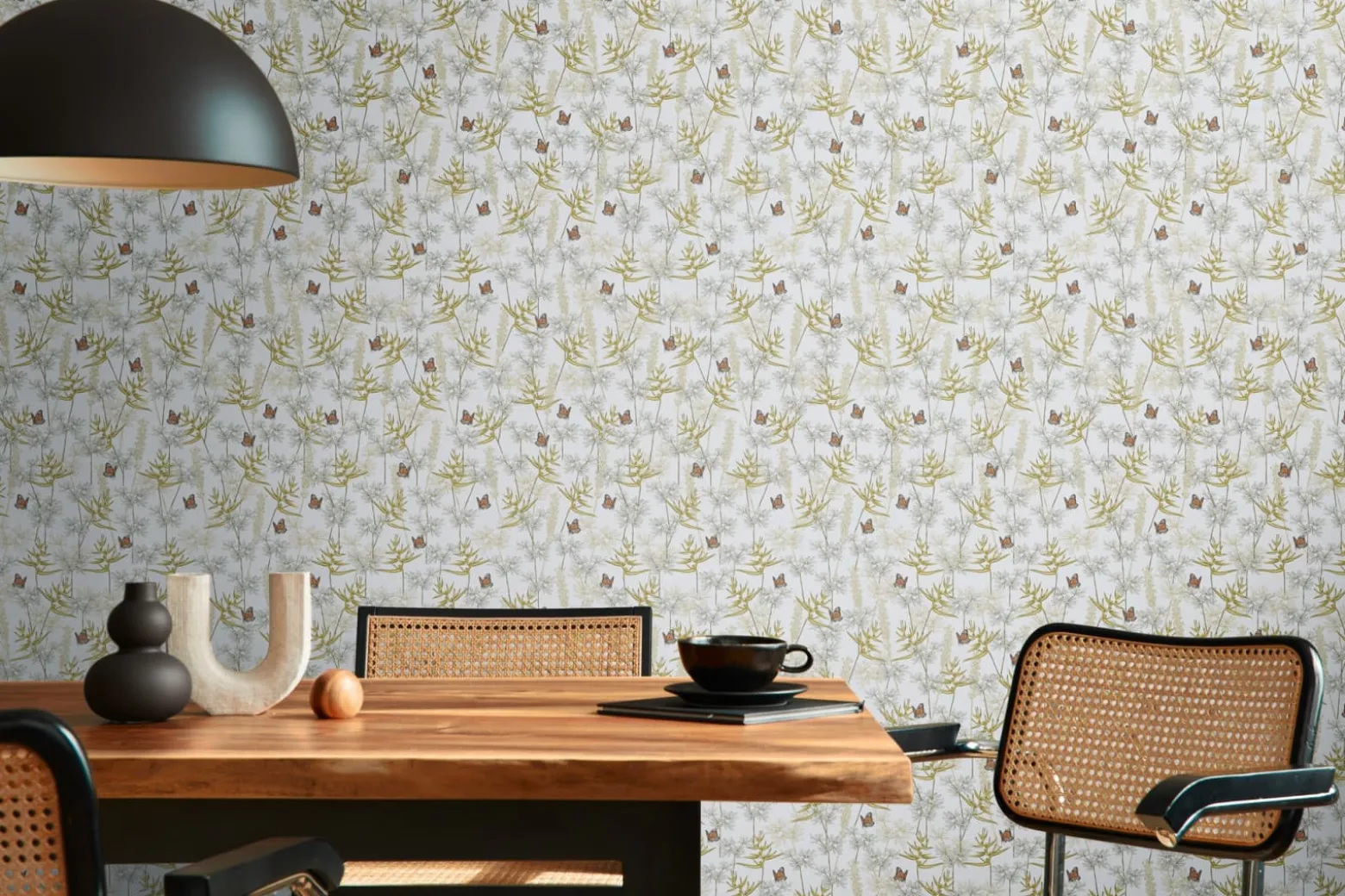 Vliestapete Floral Schmetterlinge Weiß Gelb Grau 39423-1