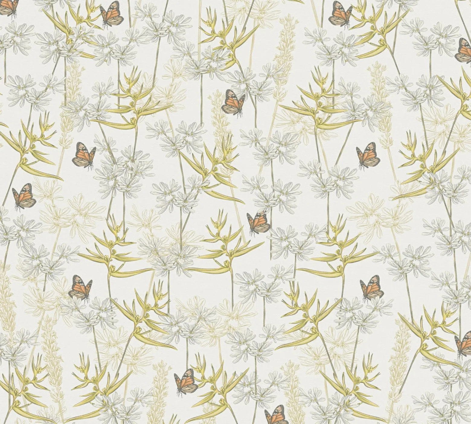 Vliestapete Floral Schmetterlinge Weiß Gelb Grau 39423-1