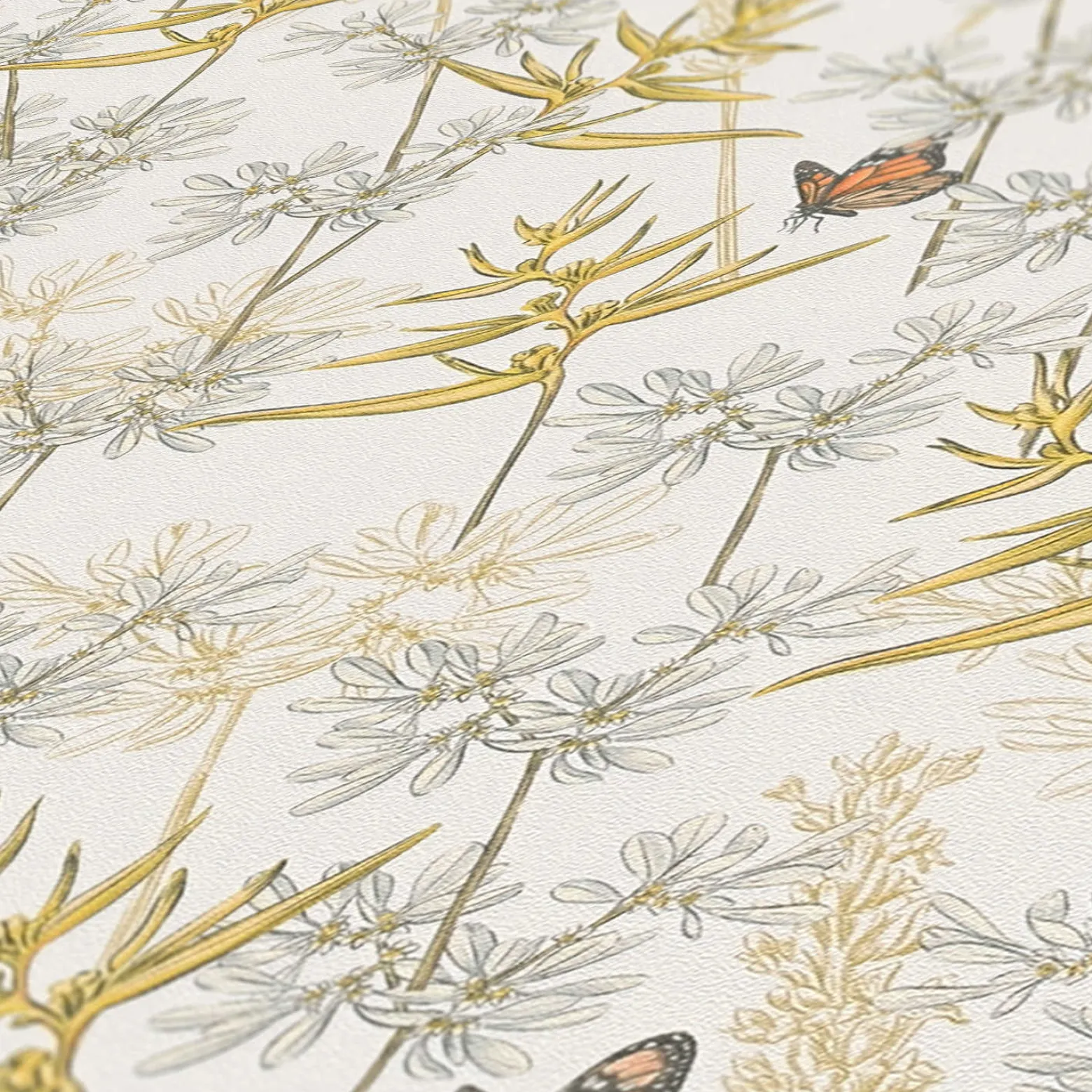 Vliestapete Floral Schmetterlinge Weiß Gelb Grau 39423-1