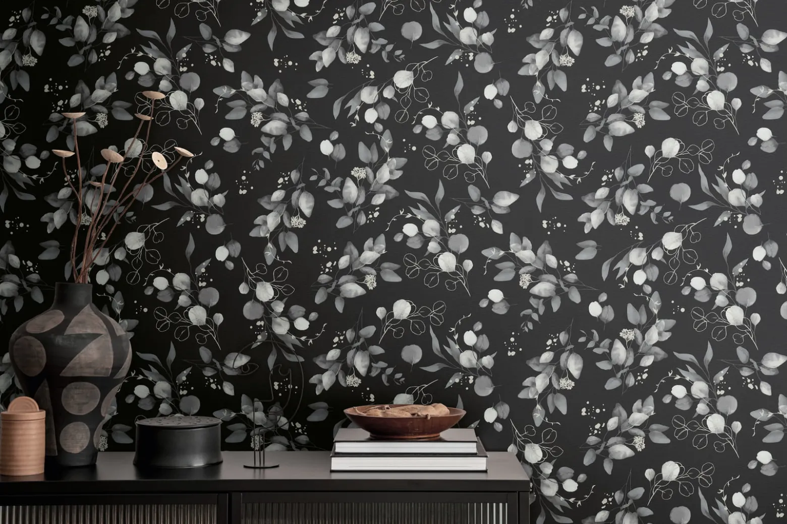 Vliestapete Floral Schwarz Grau Silber Metallic 39768-5
