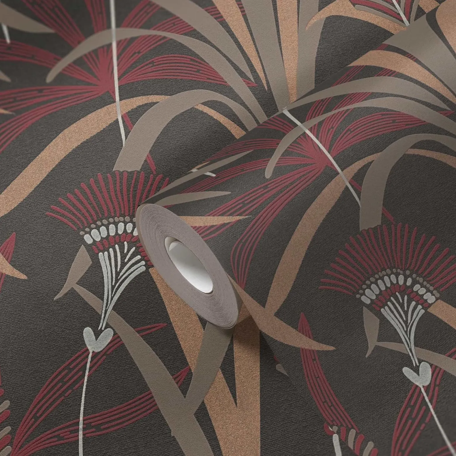 Vliestapete Floral Schwarz Rot Kupfer Metallic 39936-4