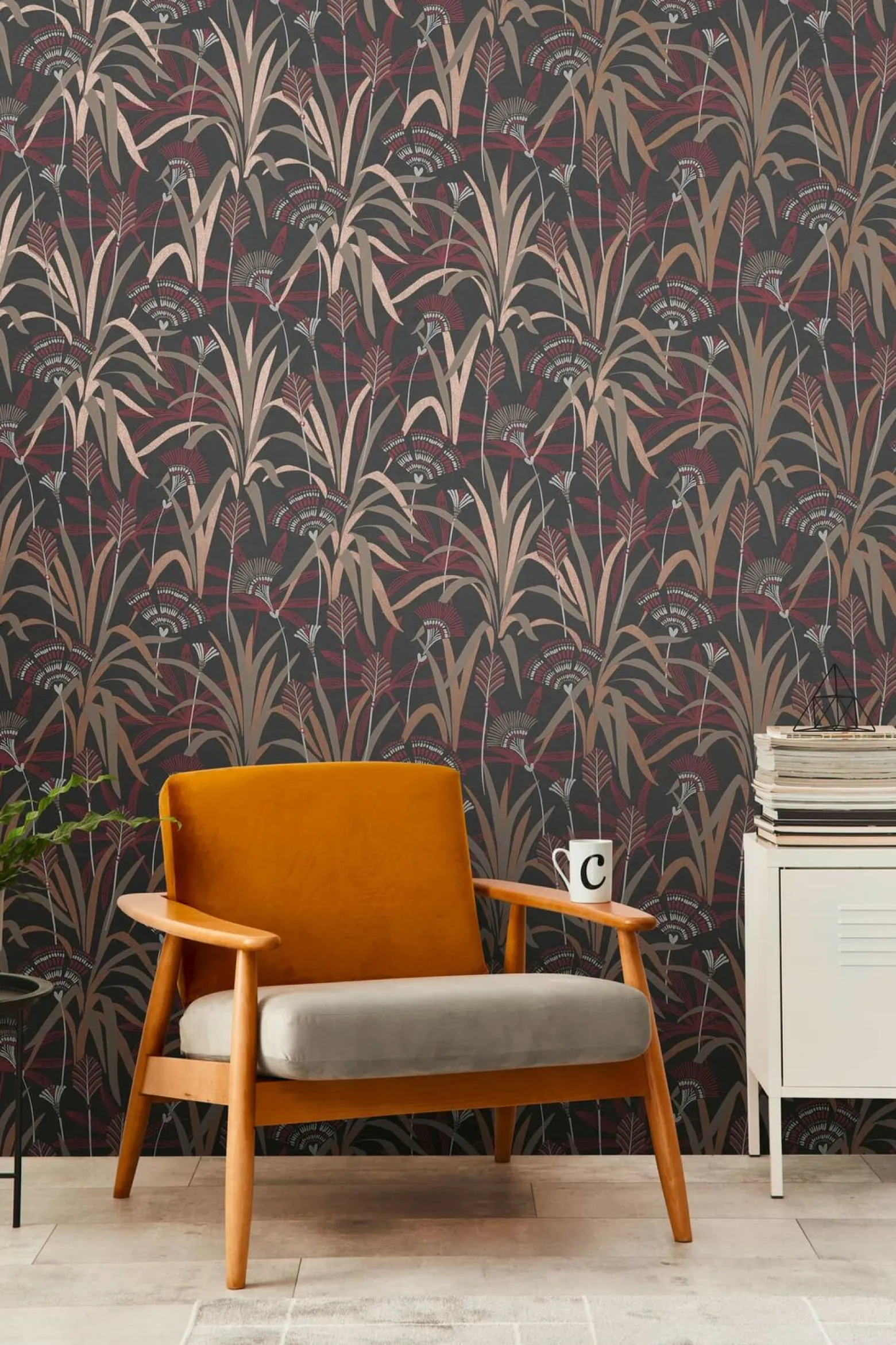 Vliestapete Floral Schwarz Rot Kupfer Metallic 39936-4