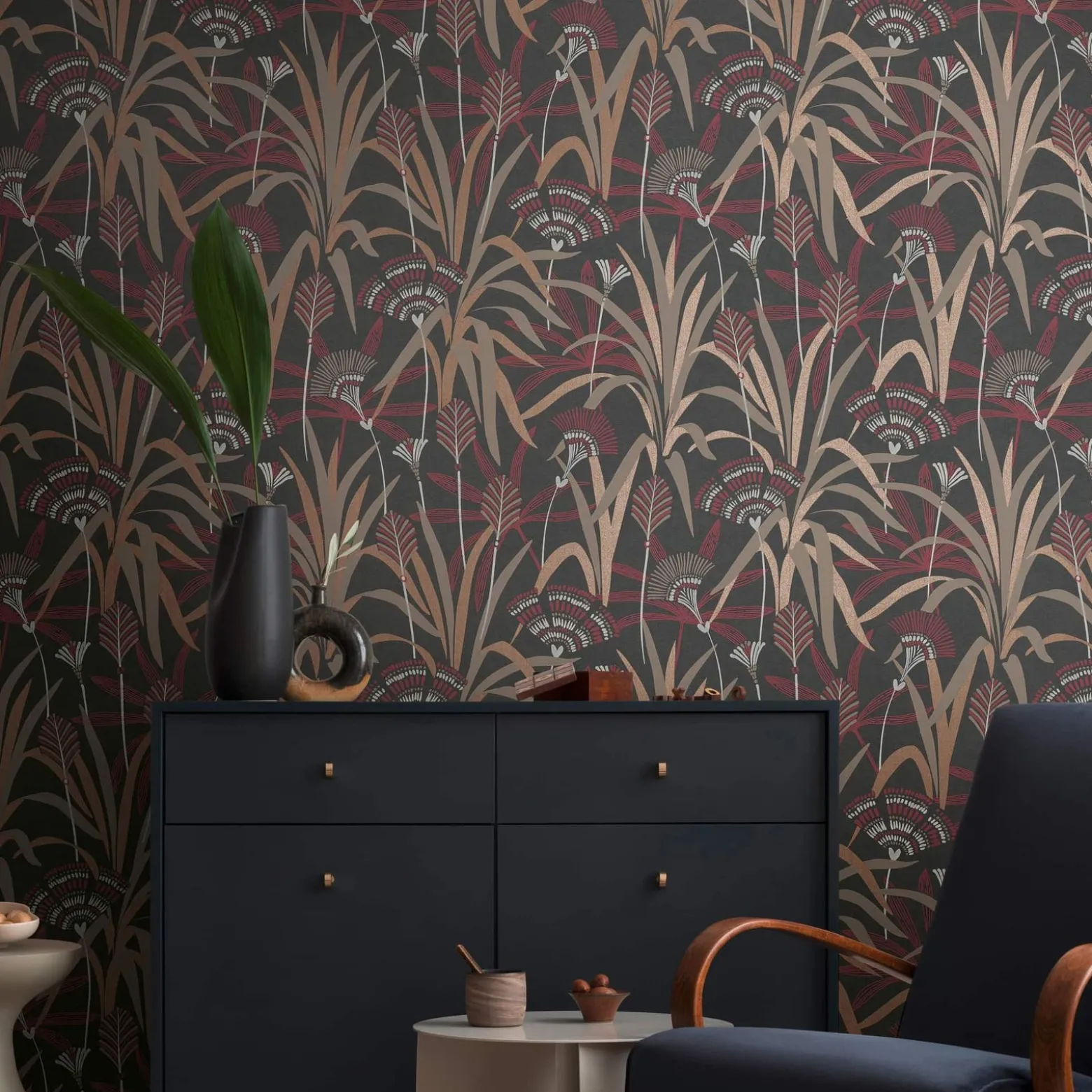 Vliestapete Floral Schwarz Rot Kupfer Metallic 39936-4