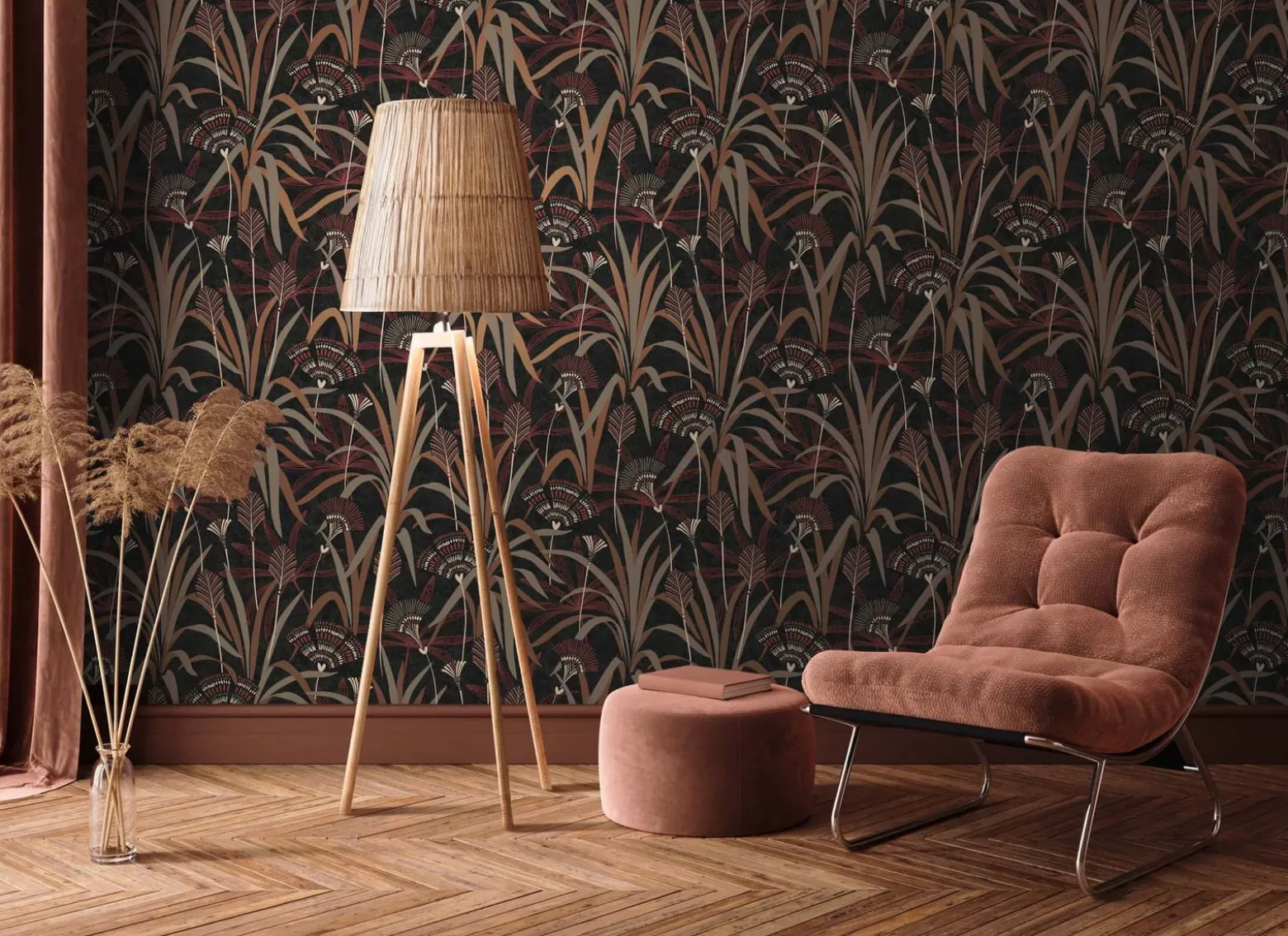 Vliestapete Floral Schwarz Rot Kupfer Metallic 39936-4