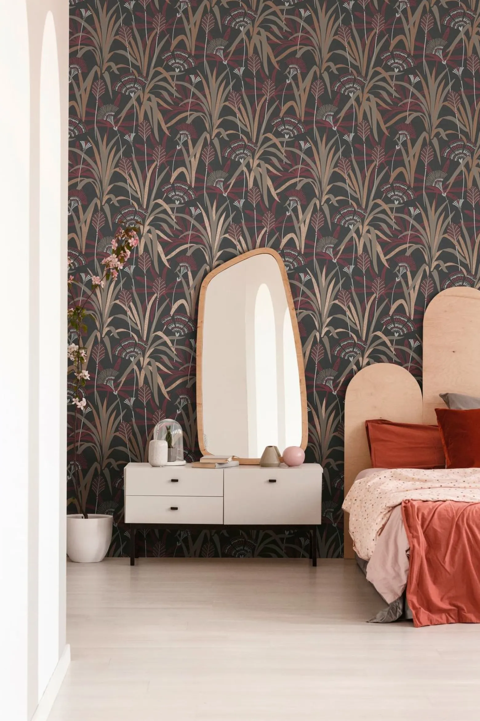 Vliestapete Floral Schwarz Rot Kupfer Metallic 39936-4