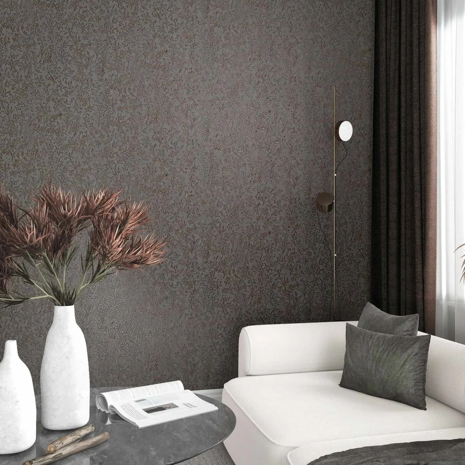 Vliestapete Floral Shabby Grau Kupfer Metallic 35534