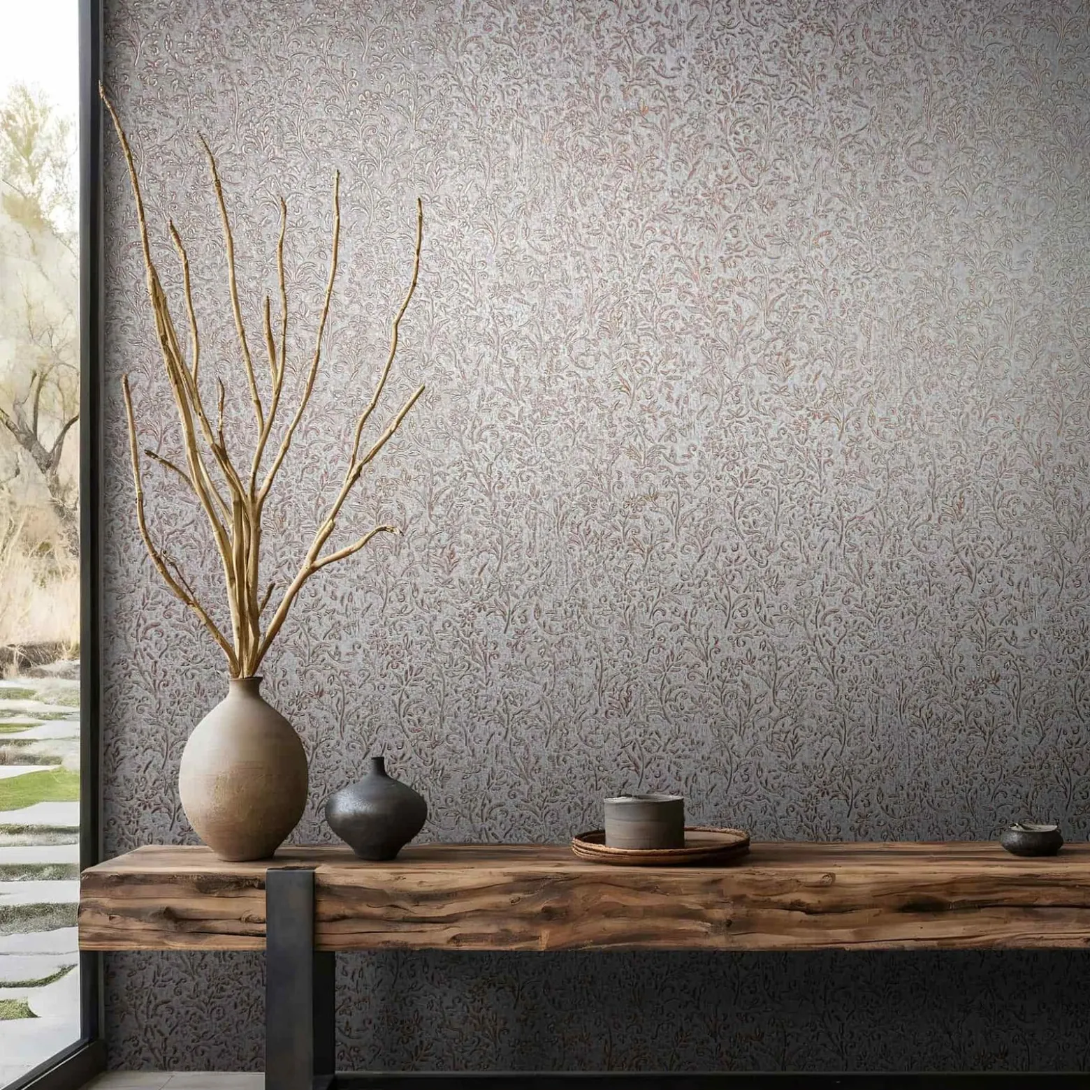 Vliestapete Floral Shabby Grau Kupfer Metallic 35534