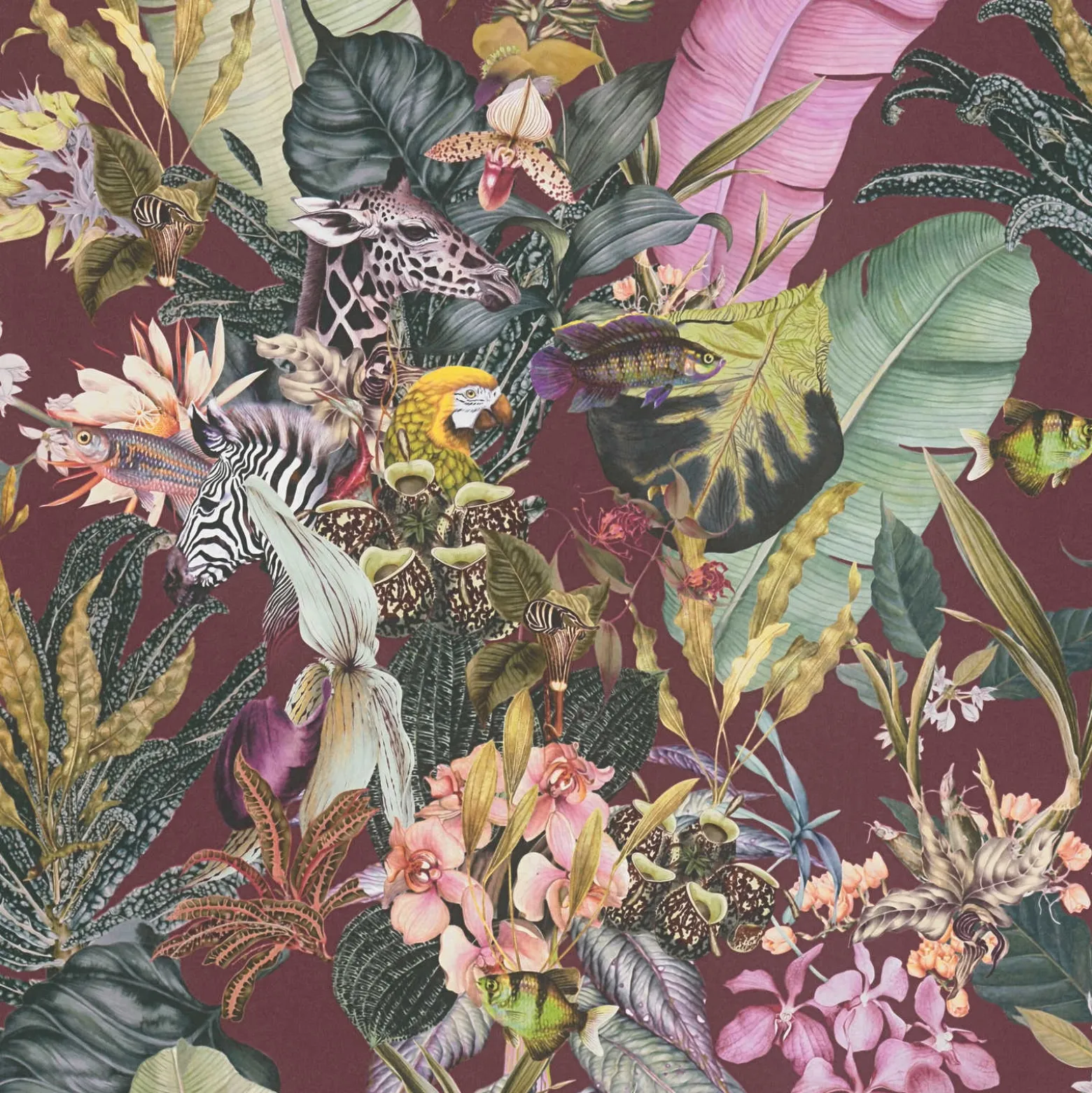 Vliestapete Floral Tiere Blätter rot bunt 38176-5