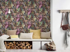 Vliestapete Floral Tiere Blätter rot bunt 38176-5