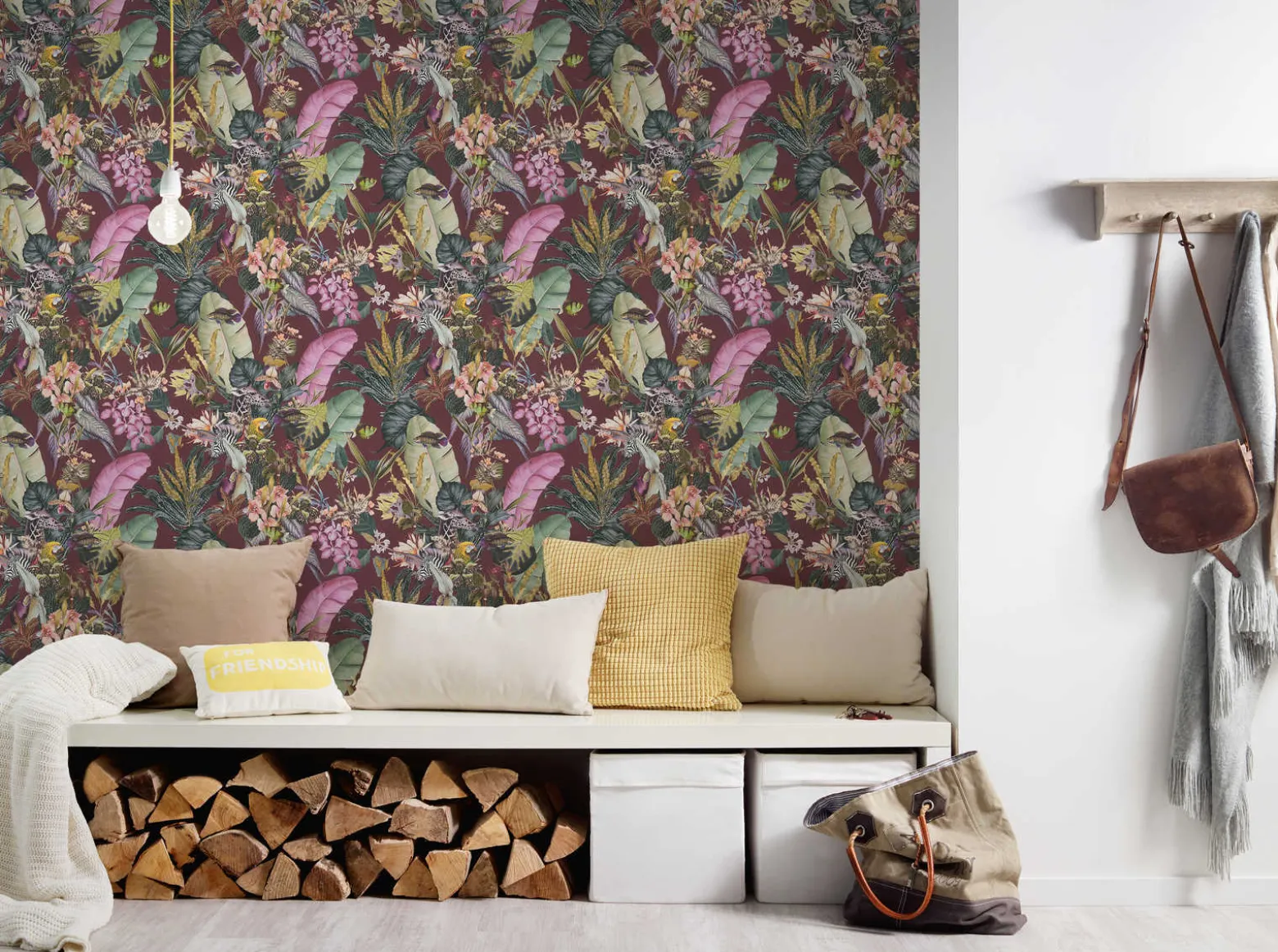 Vliestapete Floral Tiere Blätter rot bunt 38176-5
