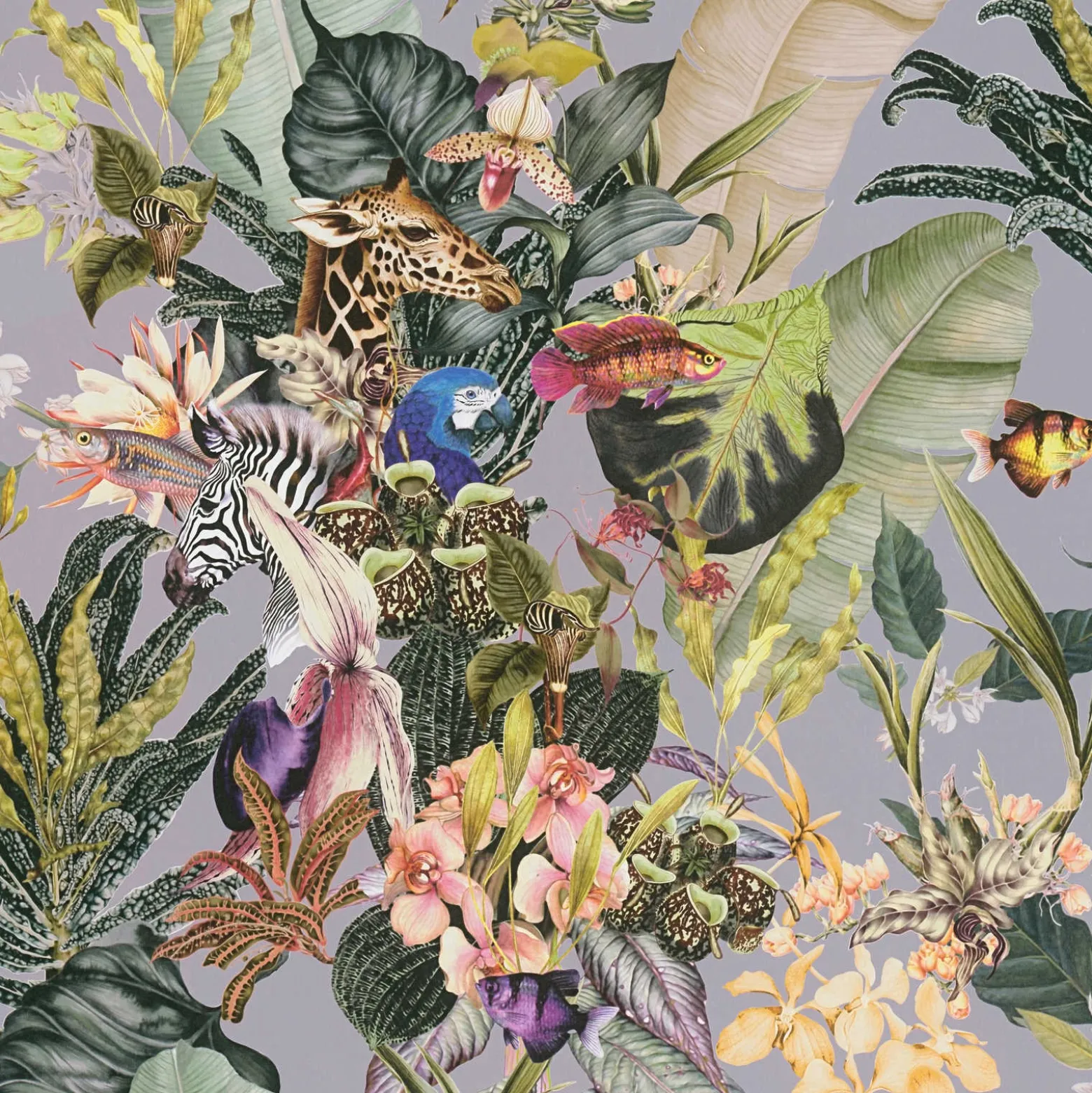 Vliestapete Floral Tiere Blätter grau bunt 38176-2