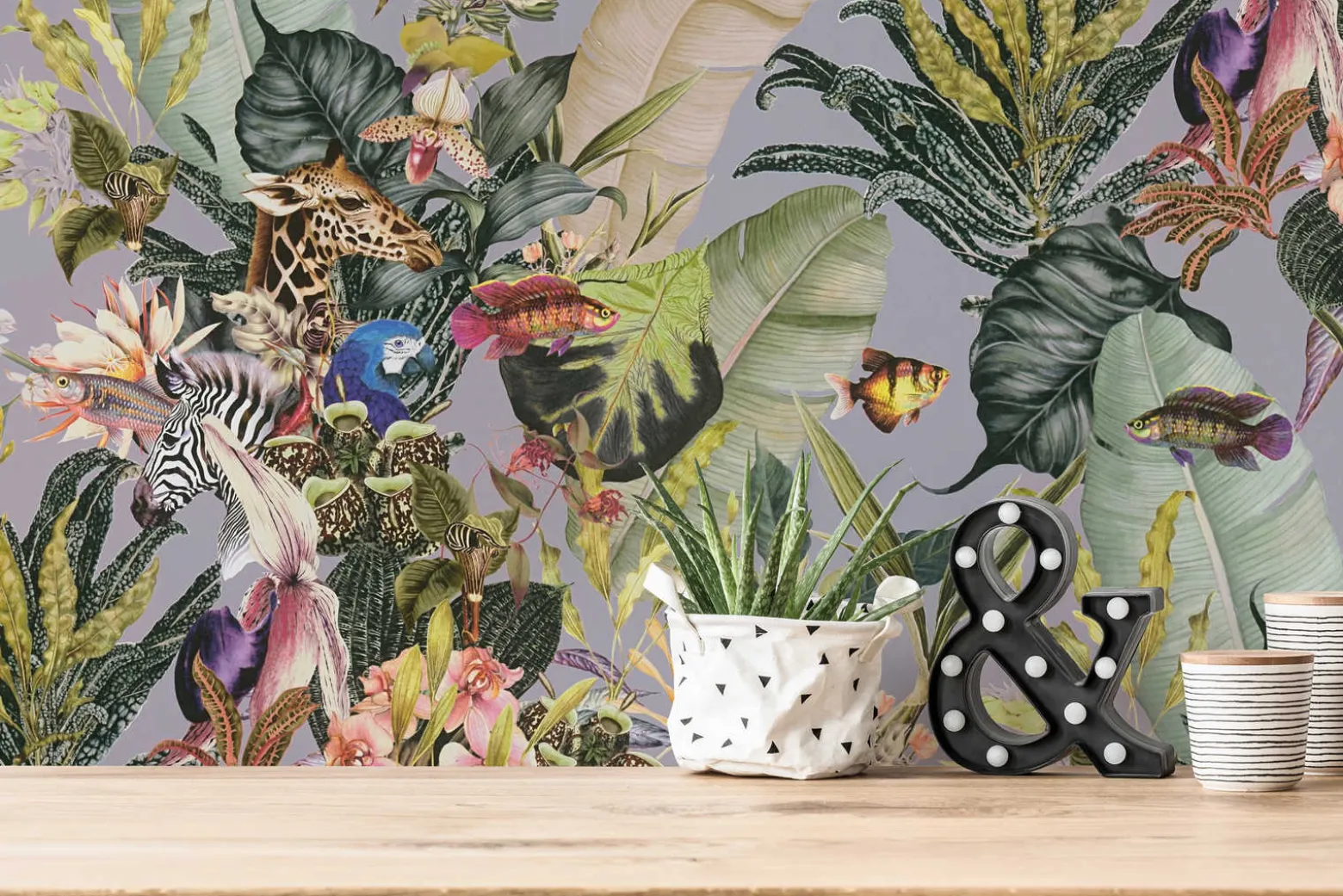 Vliestapete Floral Tiere Blätter grau bunt 38176-2