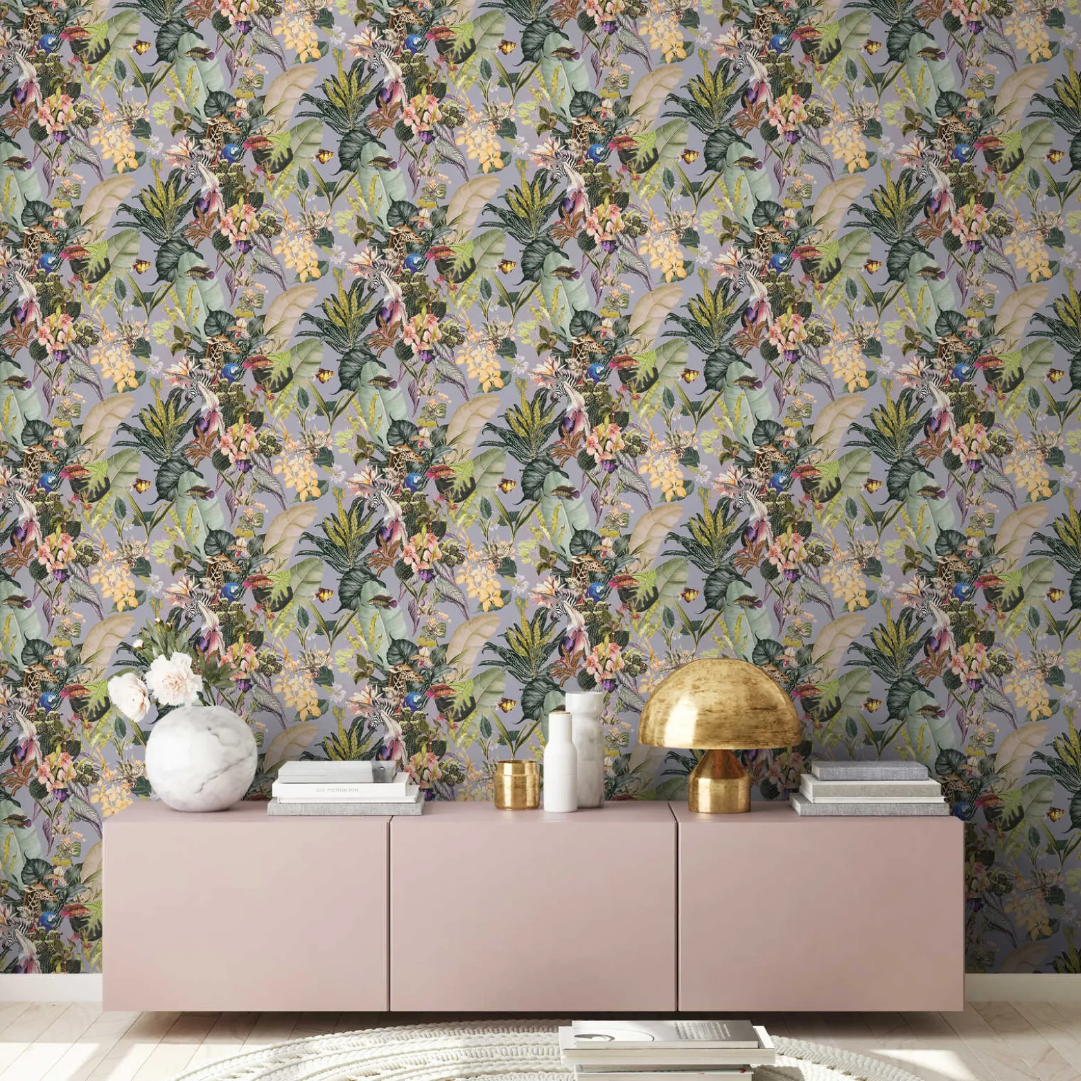 Vliestapete Floral Tiere Blätter grau bunt 38176-2