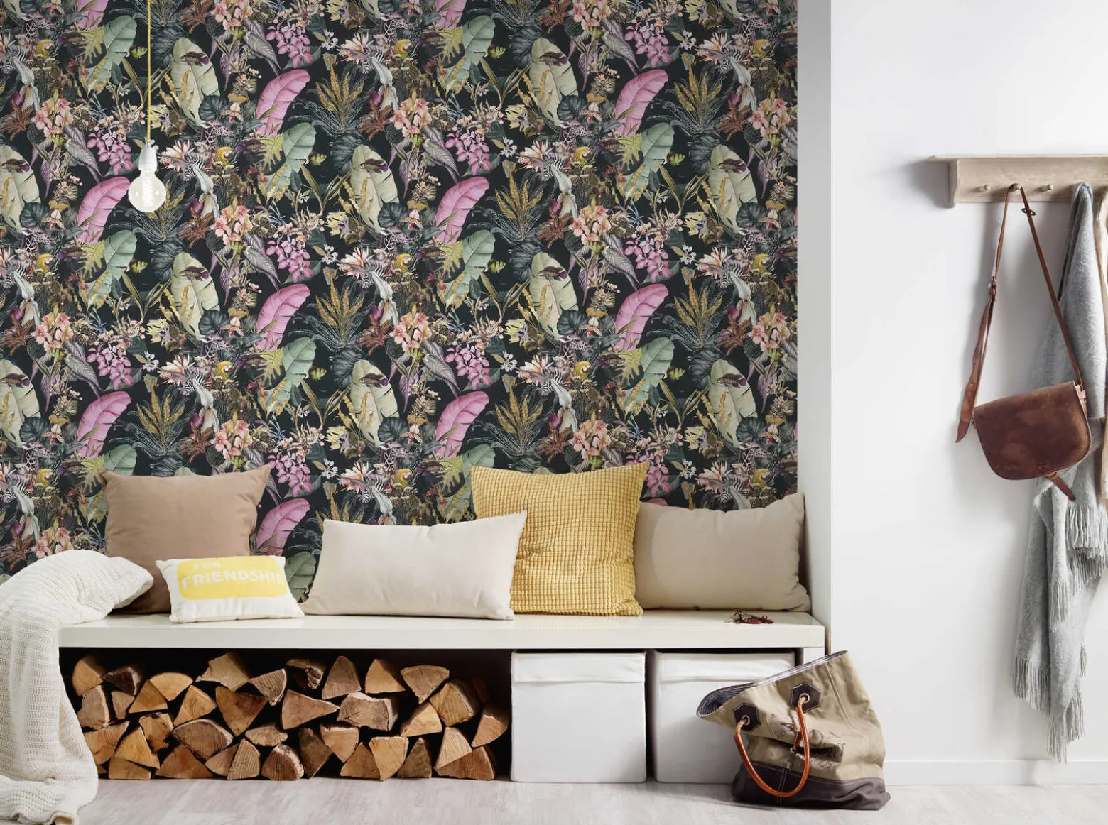 Vliestapete Floral Tiere Blätter schwarz bunt 38176-1