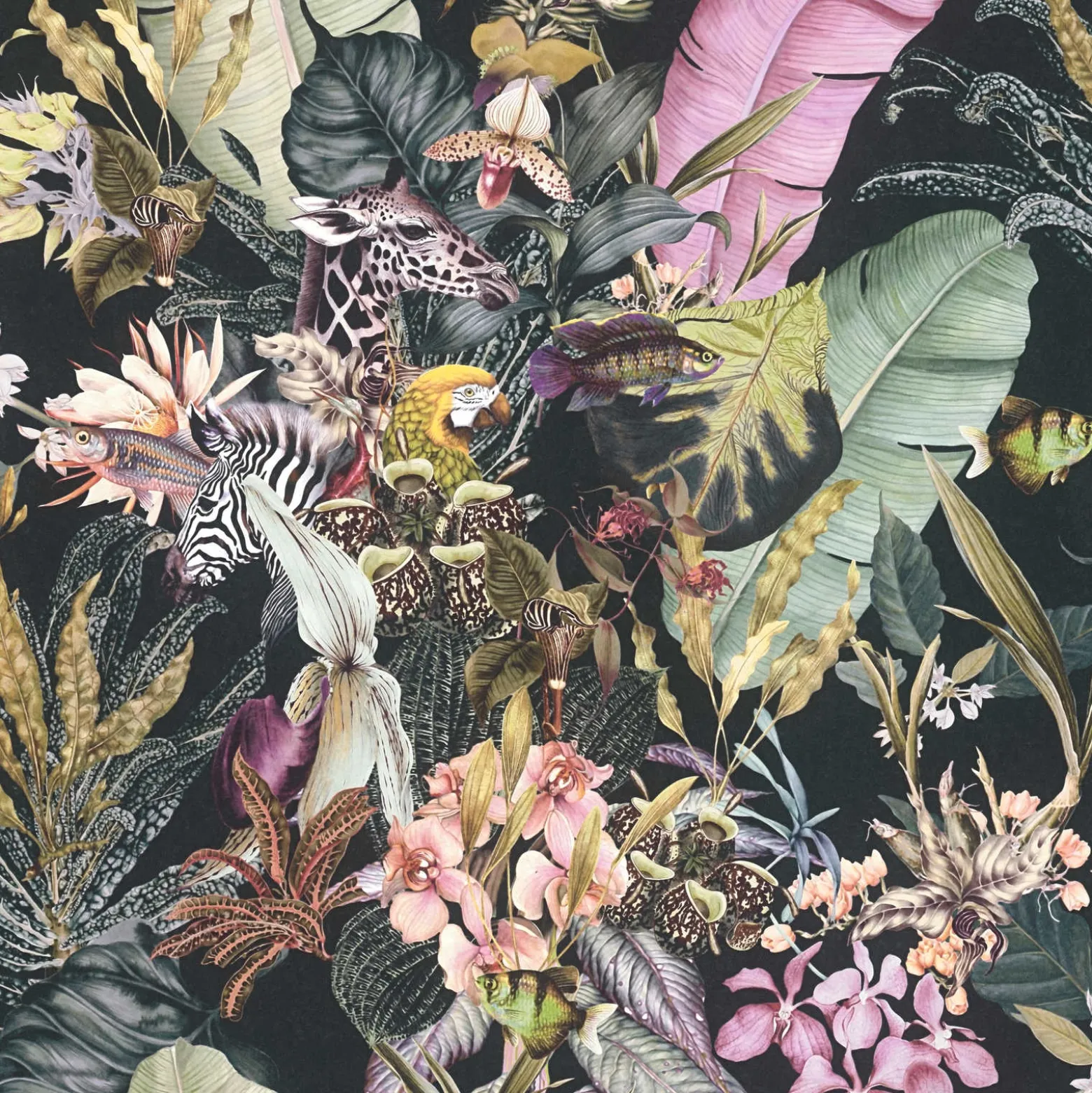 Vliestapete Floral Tiere Blätter schwarz bunt 38176-1