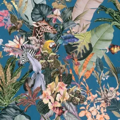 Vliestapete Floral Tiere Blätter blau bunt 38176-4