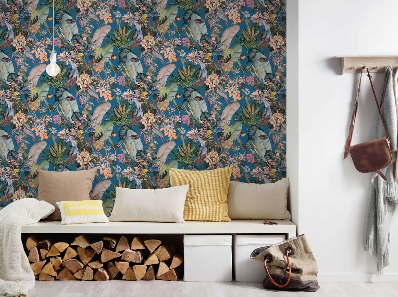 Vliestapete Floral Tiere Blätter blau bunt 38176-4