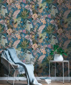 Vliestapete Floral Tiere Blätter blau bunt 38176-4