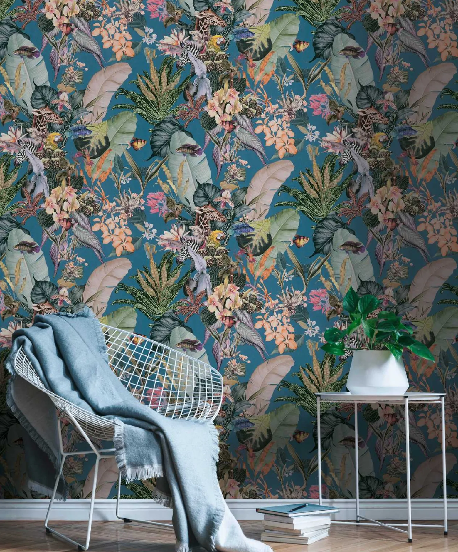 Vliestapete Floral Tiere Blätter blau bunt 38176-4