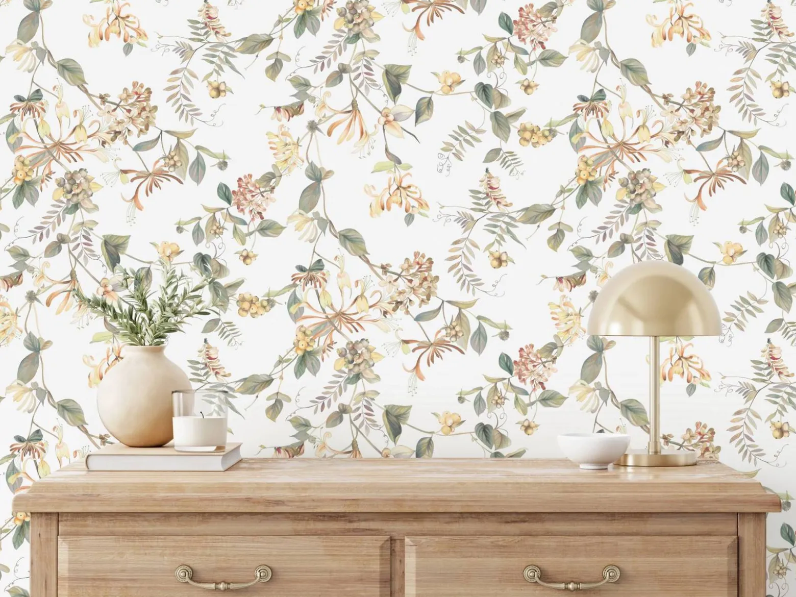 Vliestapete Floral Tropisch Beeren Weiß Grün Braun 47455