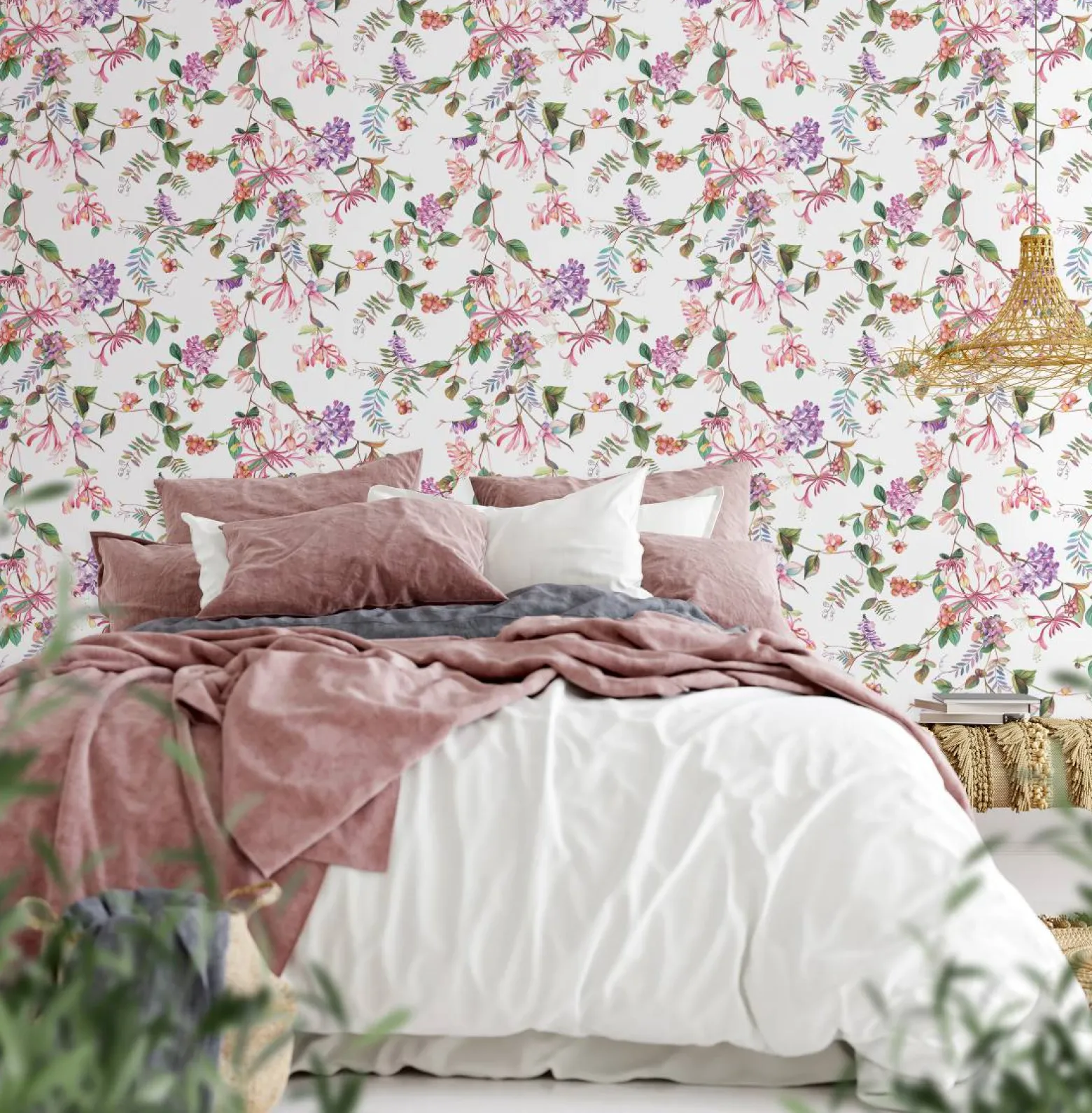 Vliestapete Floral Tropisch Beeren Weiß Rosa Grün 47456