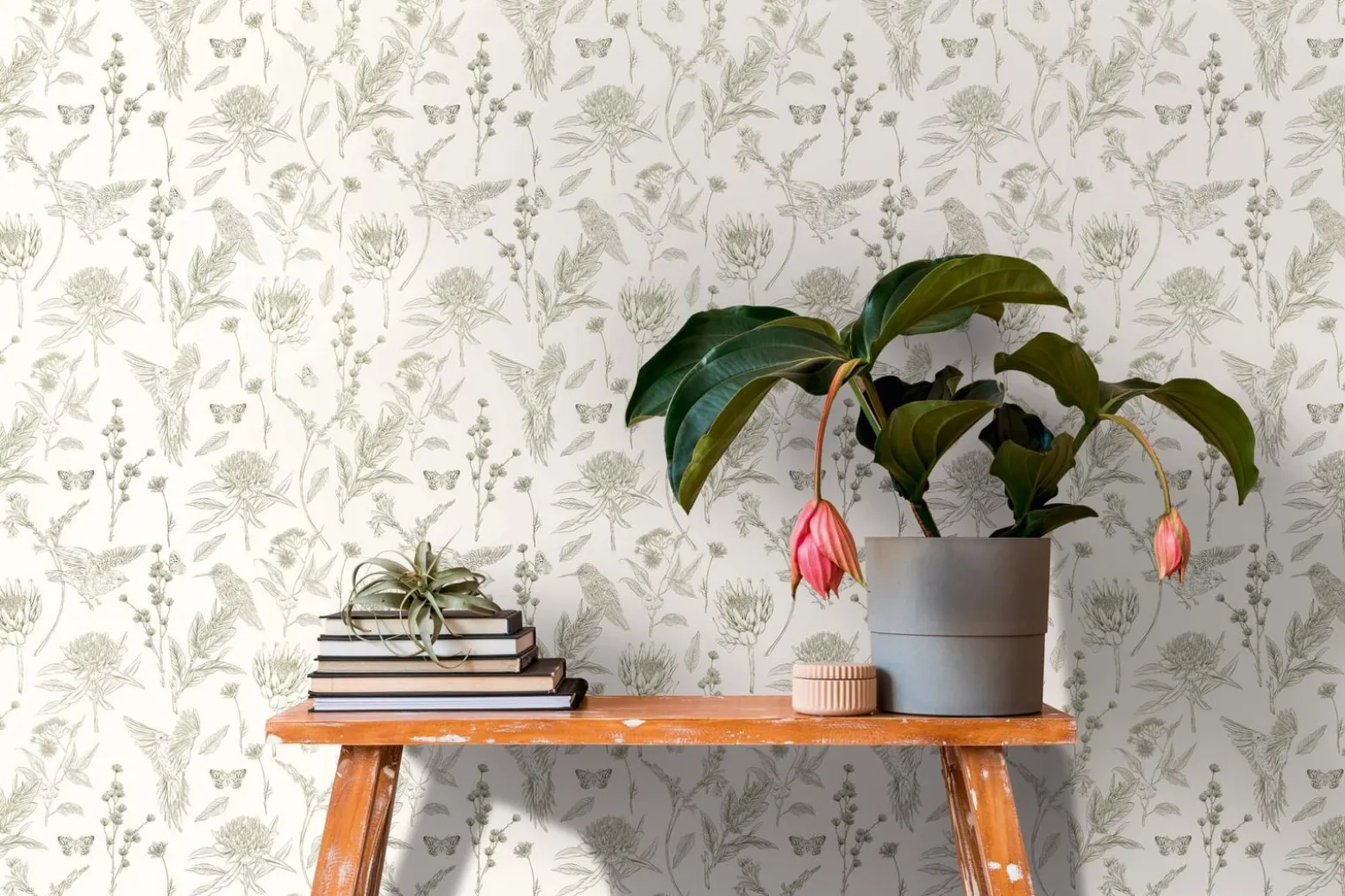 Vliestapete Floral Vögel Blumen Weiß Grün 39429-3