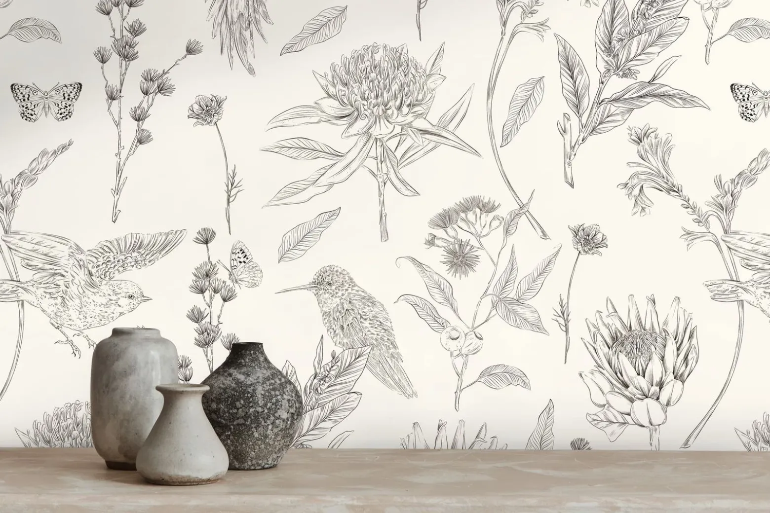 Vliestapete Floral Vögel Blumen Weiß Schwarz 39429-2