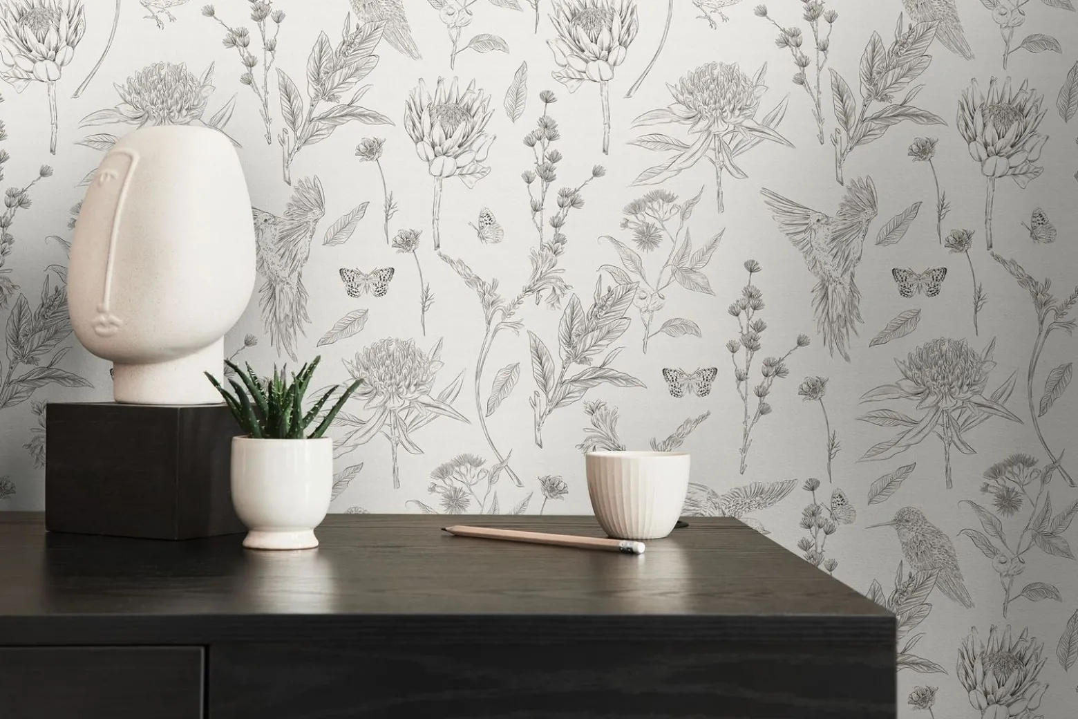Vliestapete Floral Vögel Blumen Weiß Schwarz 39429-2