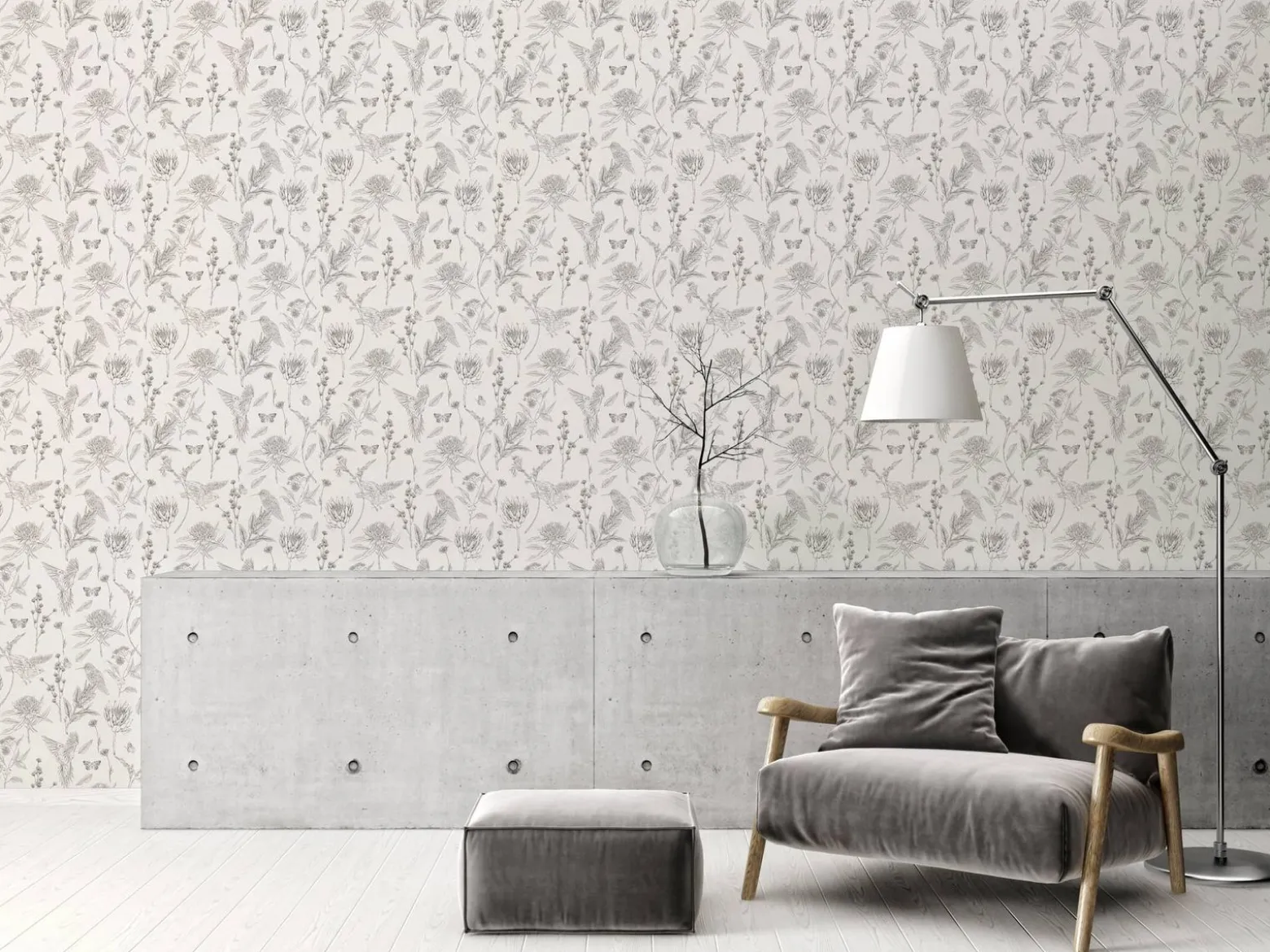 Vliestapete Floral Vögel Blumen Weiß Schwarz 39429-2