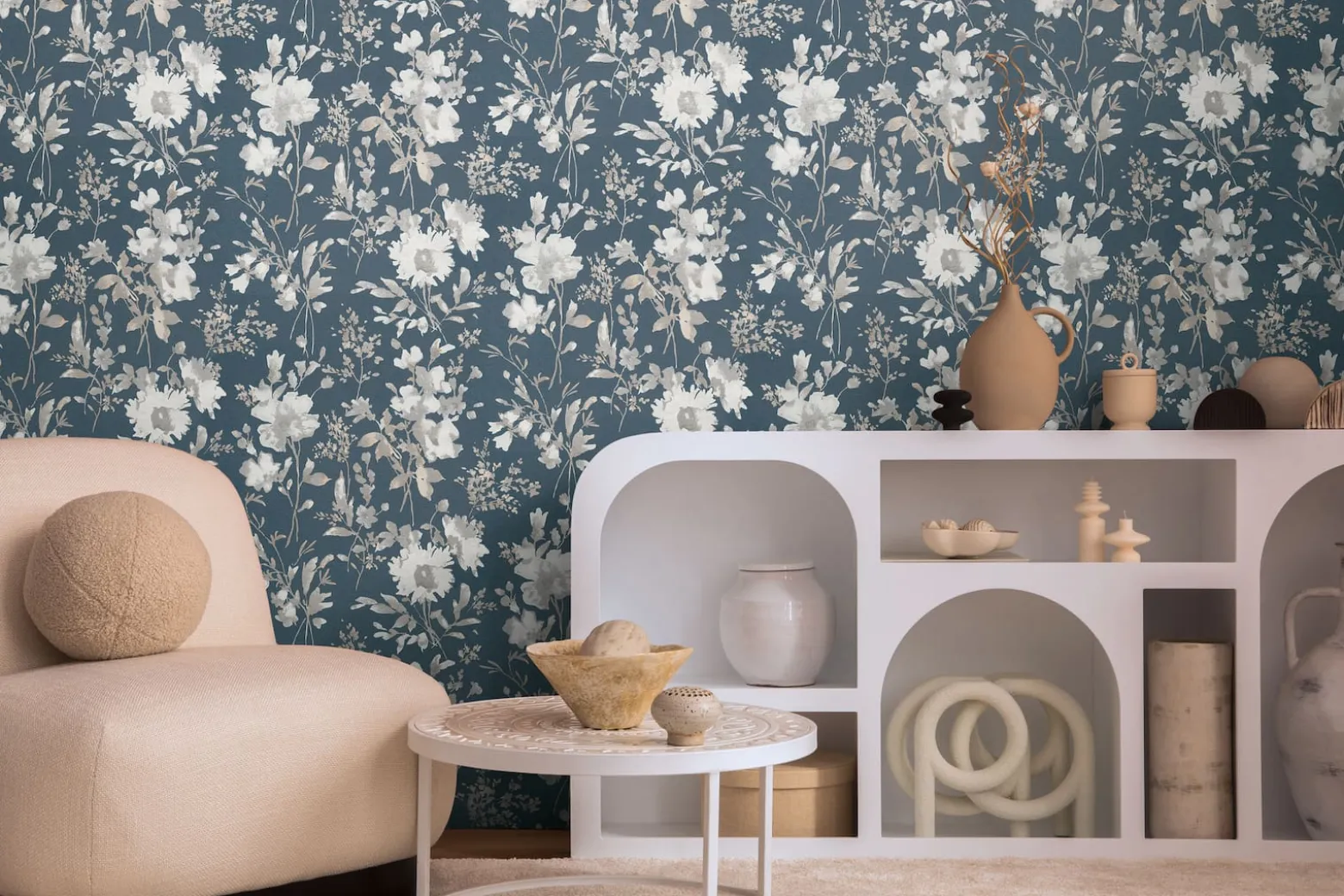 Vliestapete Floral Vintage Blau Silber Metallic 79061-5