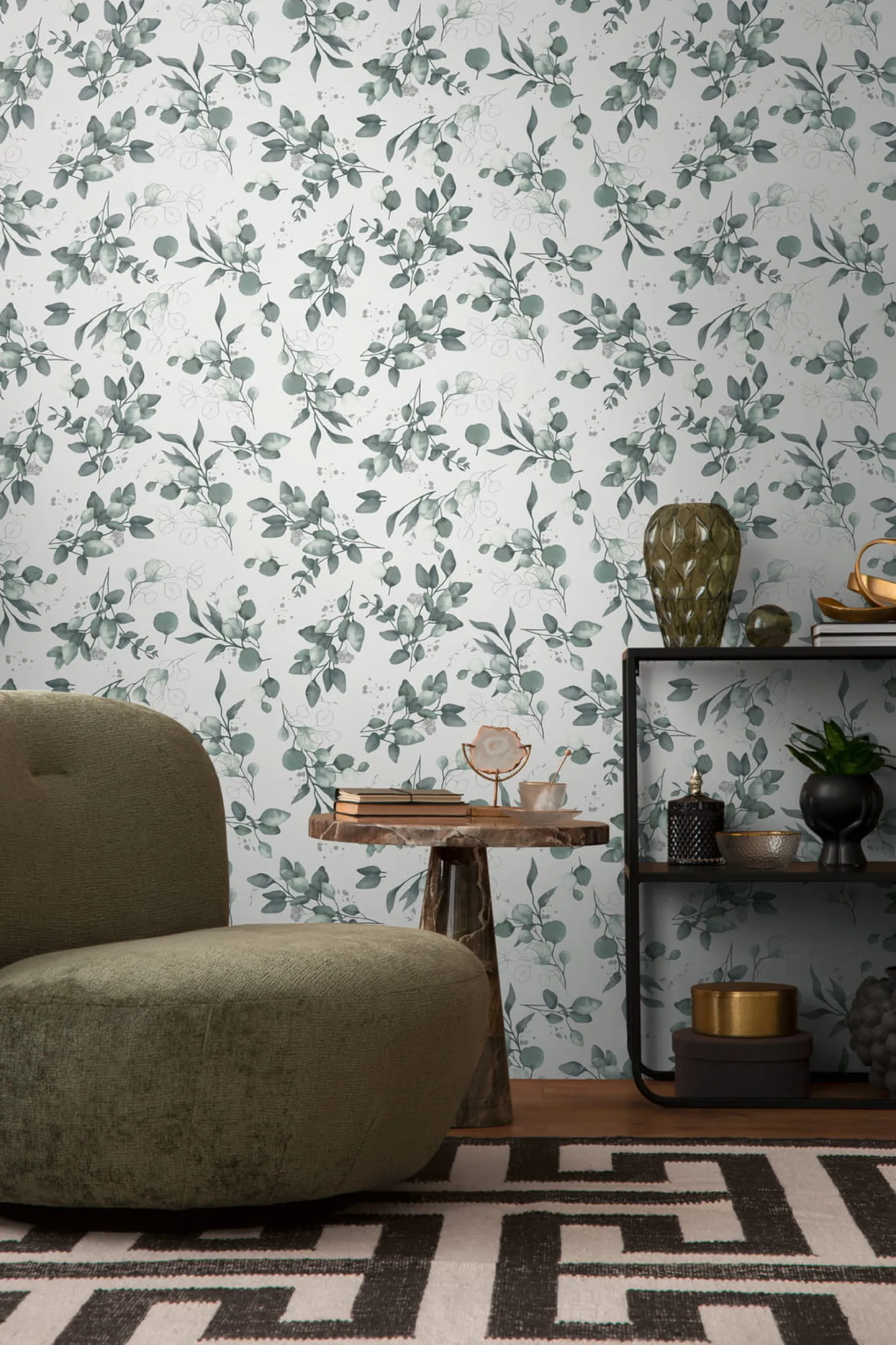 Vliestapete Floral Weiß Grün Silber Metallic 39768-2