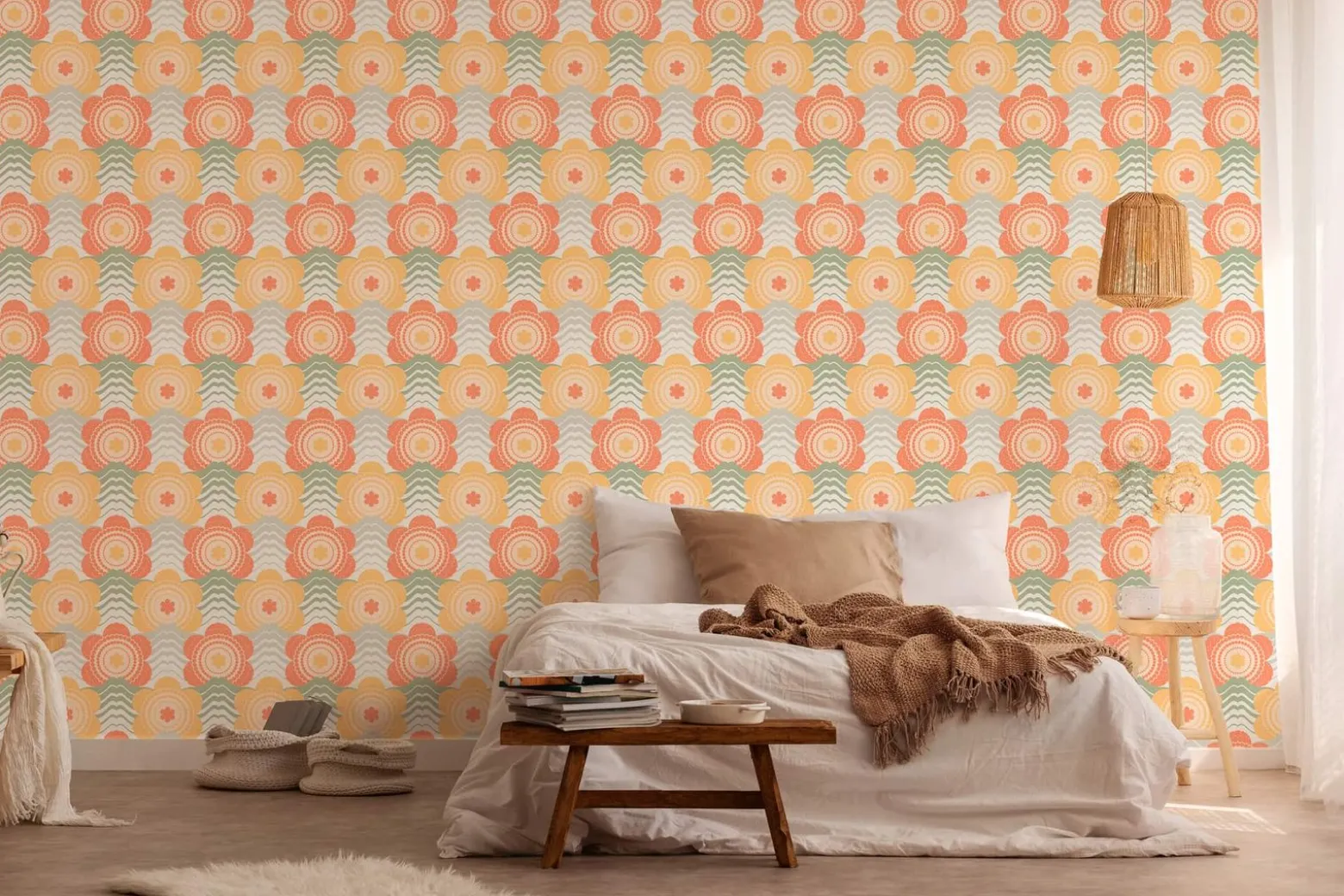 Vliestapete Floral Wellen Blumen Apricot Grün 39539-4