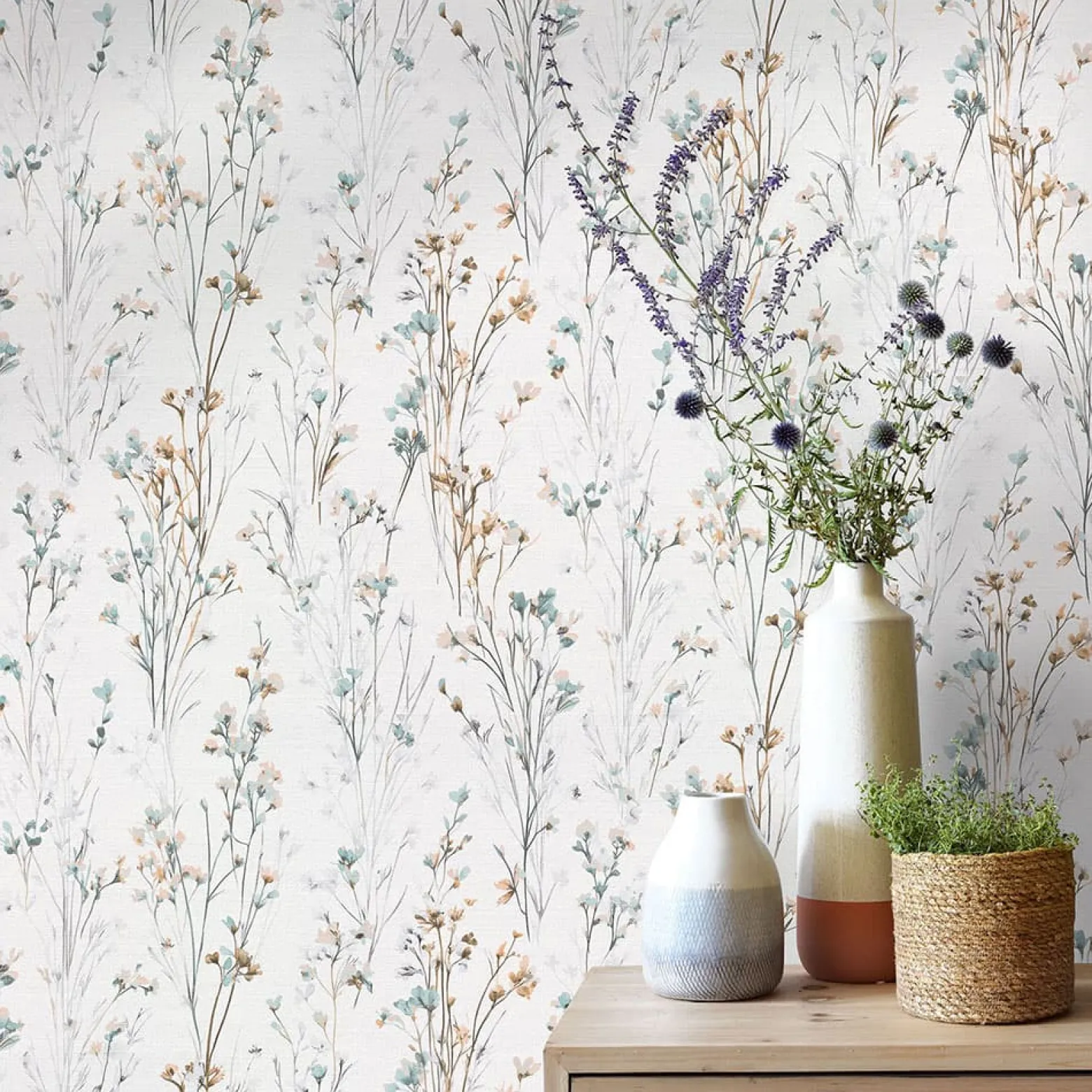 Vliestapete Floral Wildblumen Weiß Blau Beige 10561-35