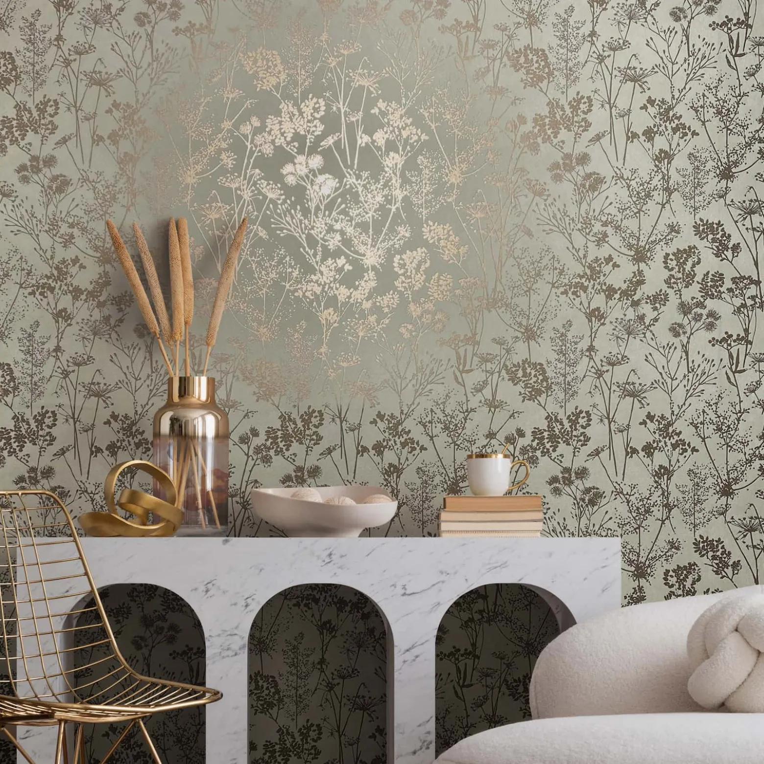 Vliestapete Floral Wildblumen Grün Gold Metallic 82465