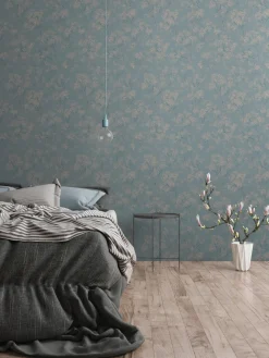 Vliestapete Floral Zweige Blau Beige Metallic 39548-5