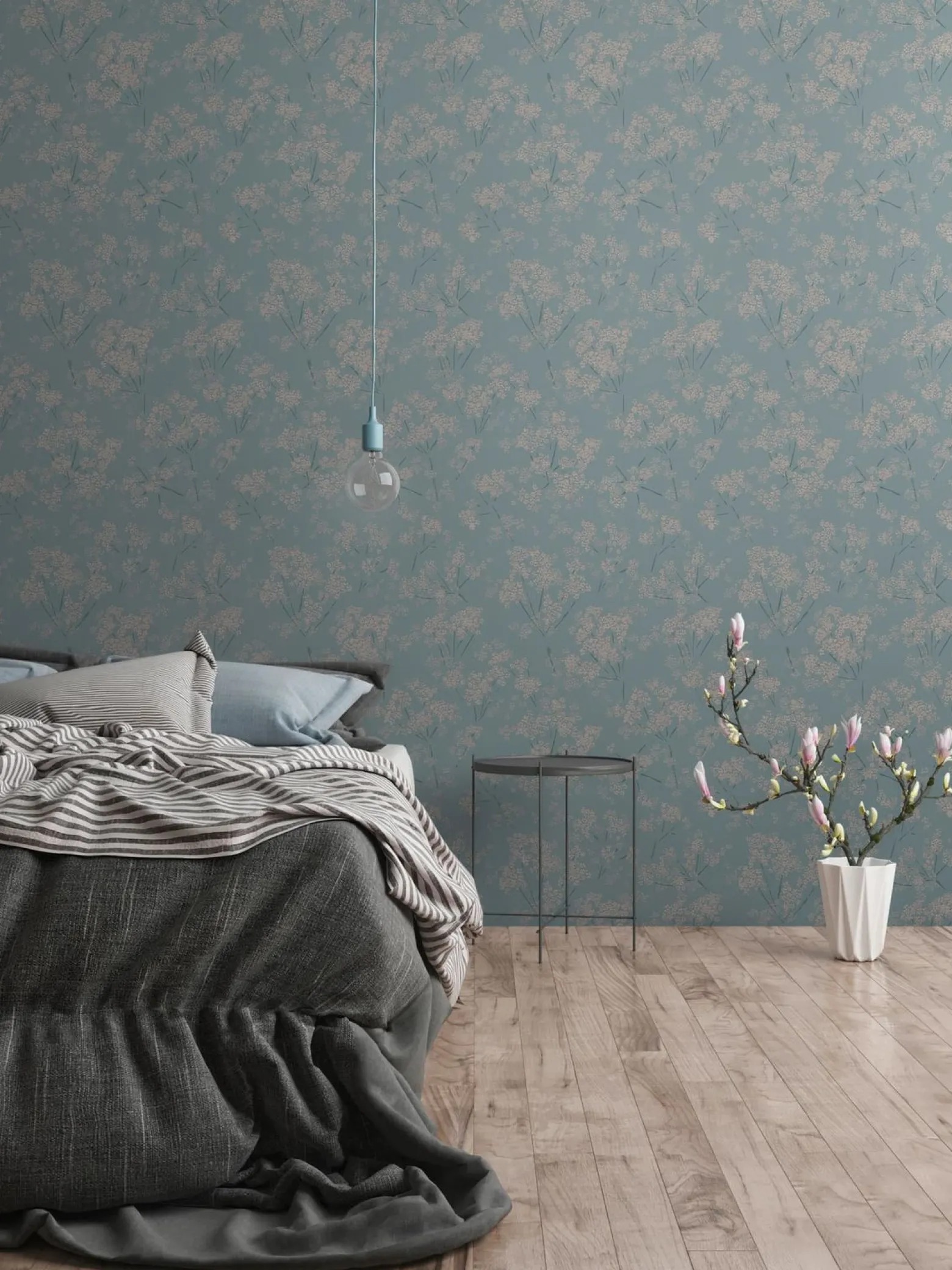Vliestapete Floral Zweige Blau Beige Metallic 39548-5