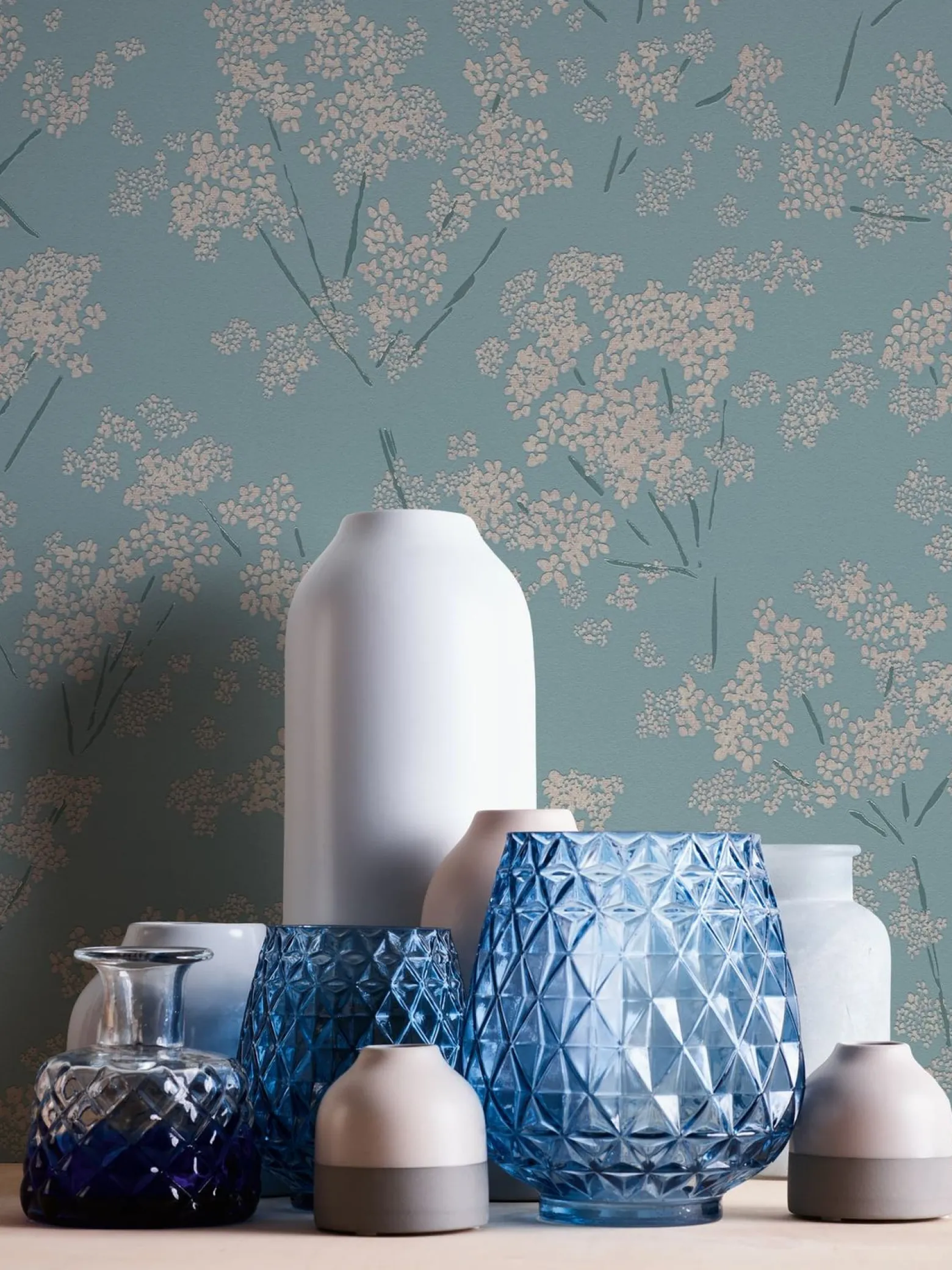 Vliestapete Floral Zweige Blau Beige Metallic 39548-5