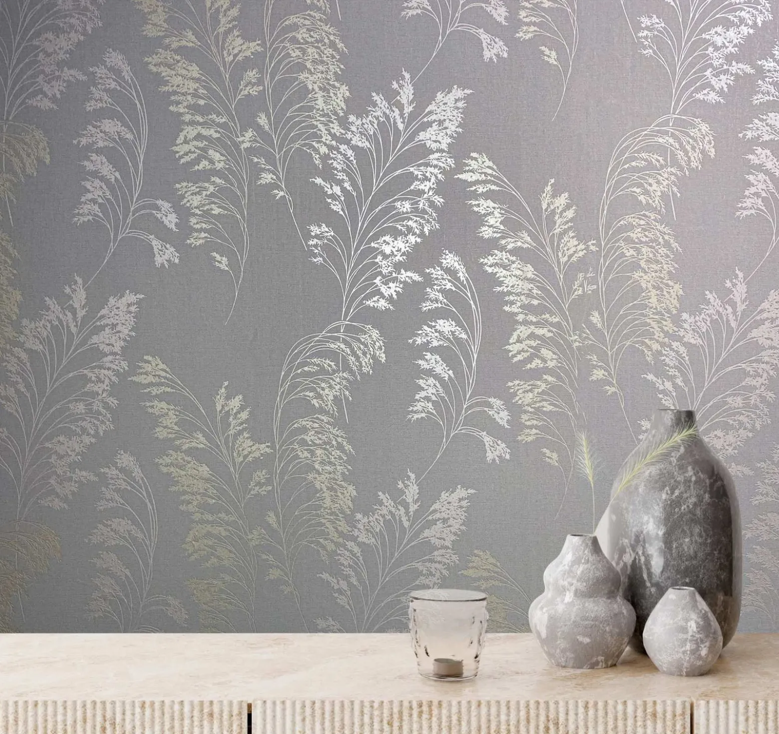 Vliestapete Floral Zweige Grau Gold Metallic 82343
