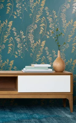 Vliestapete Floral Zweige Petrol Gold Metallic 82344