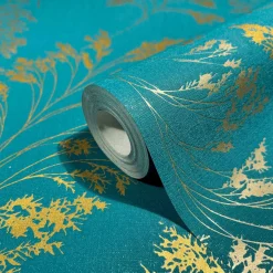 Vliestapete Floral Zweige Petrol Gold Metallic 82344
