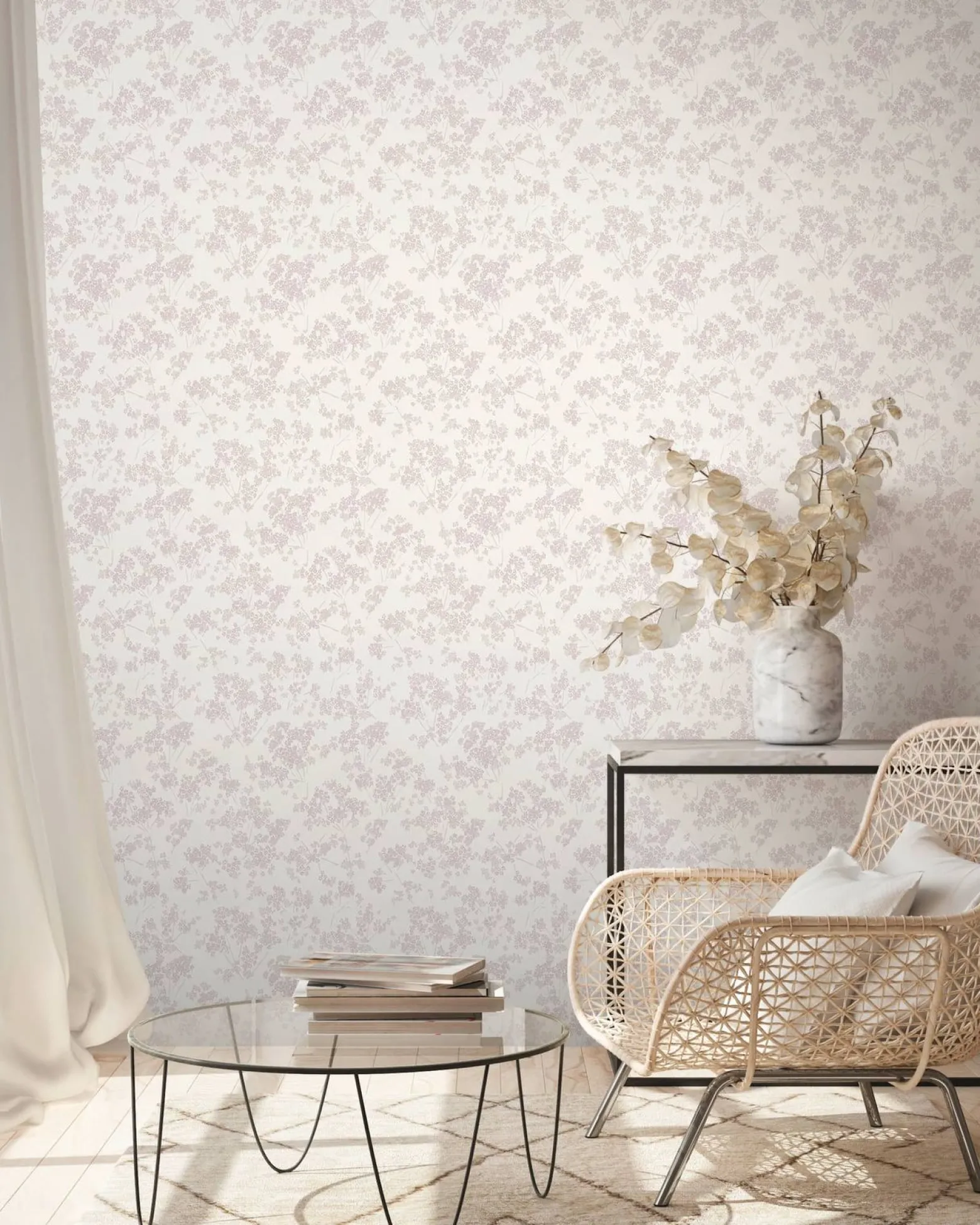 Vliestapete Floral Zweige Weiß Rosa Metallic 39548-1